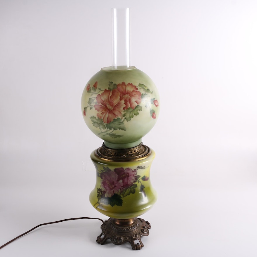 Vintage Parlor Lamp Featuring Signed Hand-Painted Ball Globe