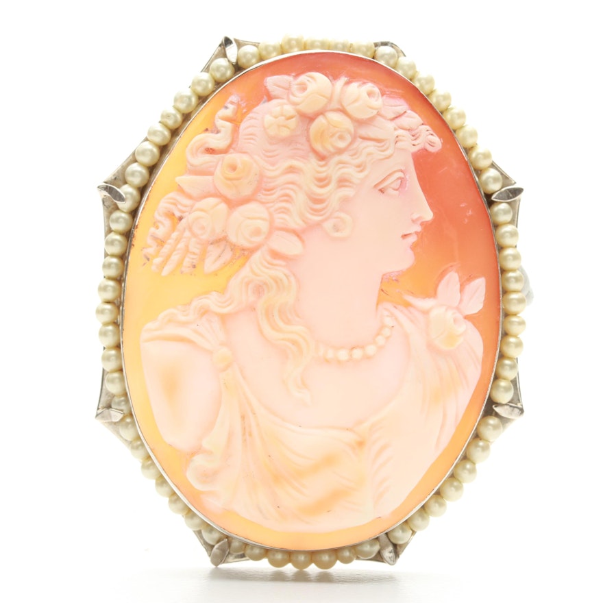 Circa 1890 10K White Gold Shell and Imitaiton Pearl Cameo Brooch