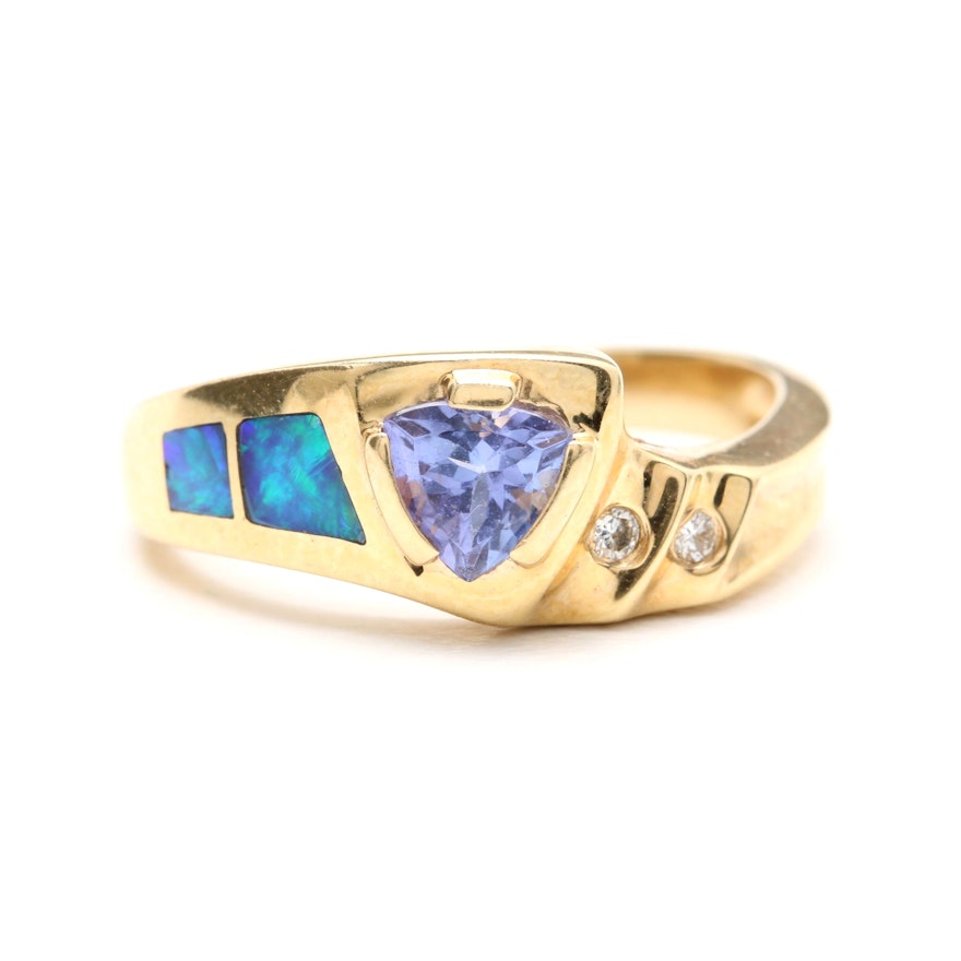 14K Yellow Gold Tanzanite, Opal Doublet, and Diamond Ring