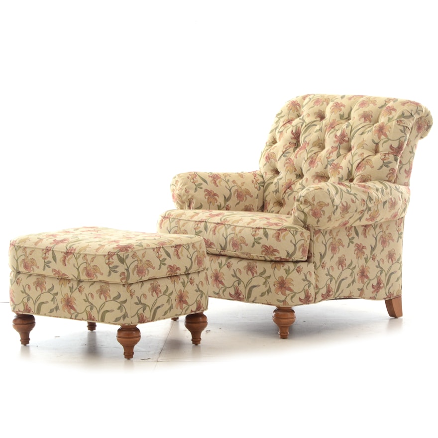 Contemporary Ethan Allen Upholstered Arm Chair with Ottoman by Ethan Allen