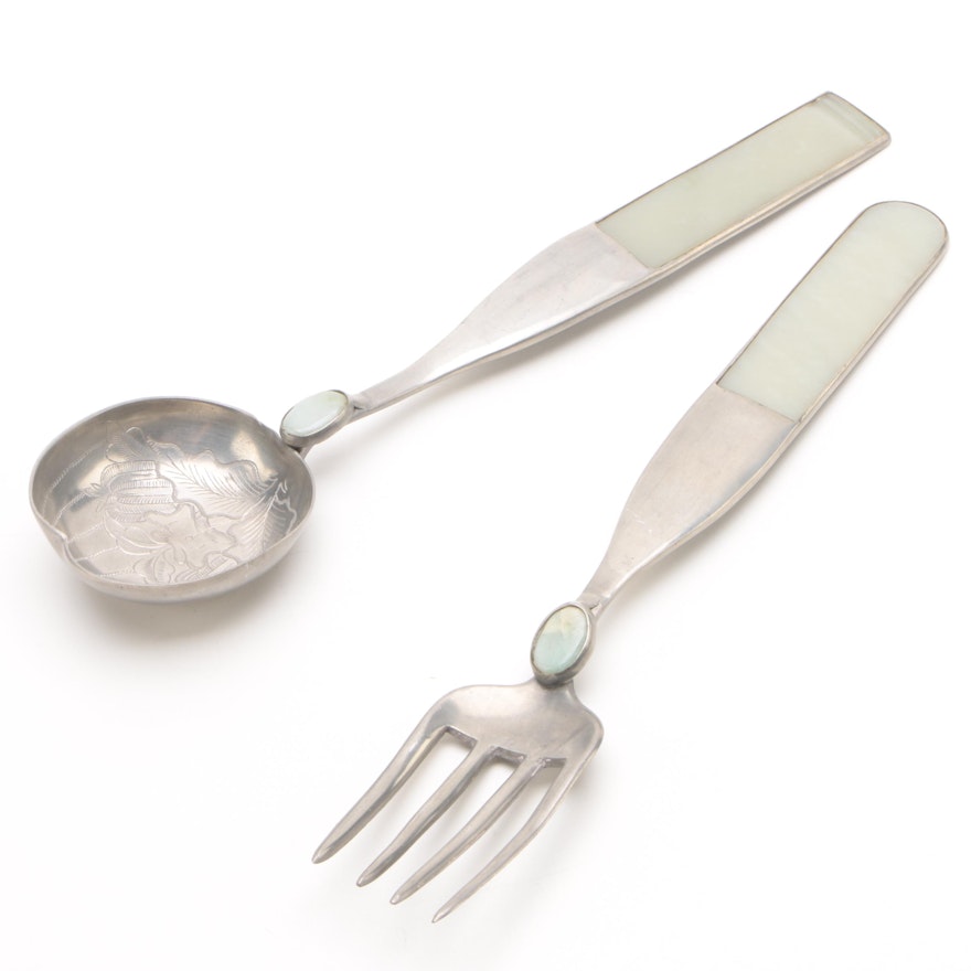 Chinese Dyed Jadeite Inlaid Silver-Toned Metal Salad Servers