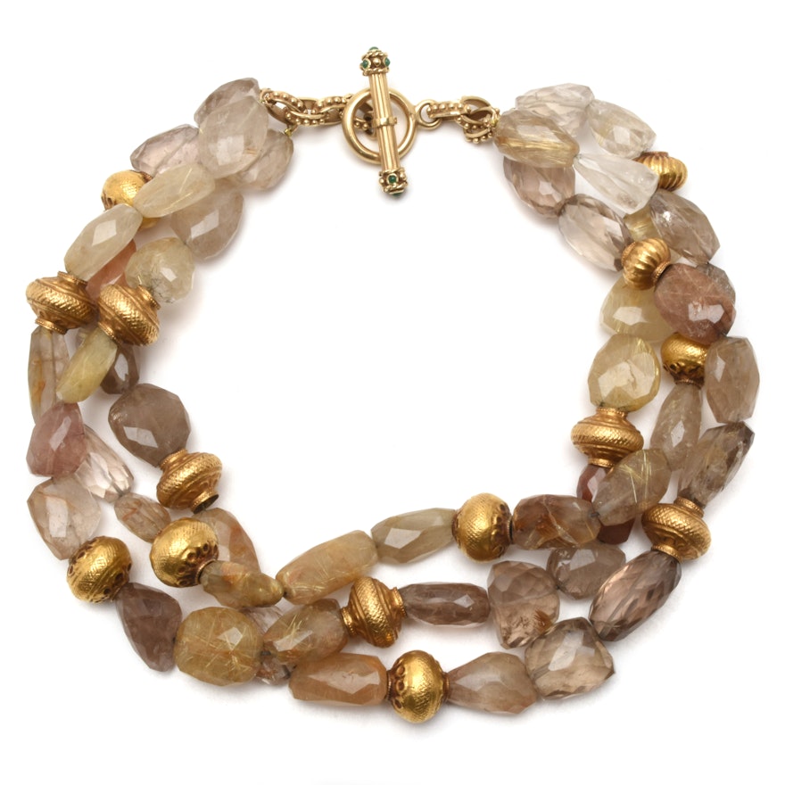 Three-Strand Rutilated Quartz Necklace with 14K Yellow Gold Emerald Necklace