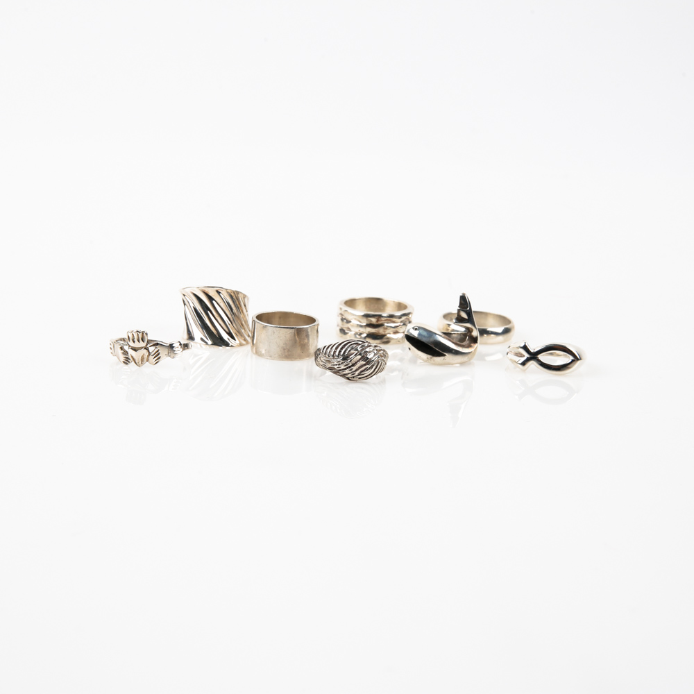 Assortment of Sterling Silver Rings Including Claddagh Ring