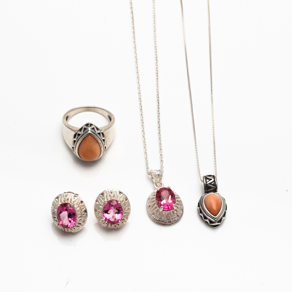 Sterling Silver Coral and Synthetic Pink Sapphire Jewelry