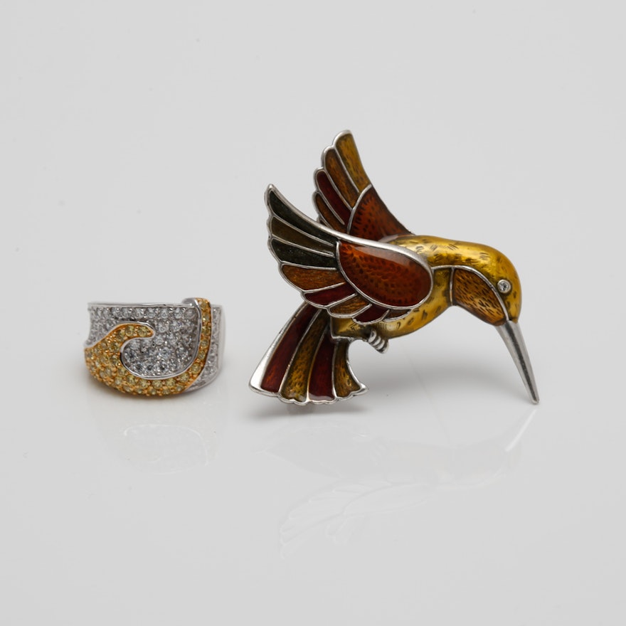Sterling Silver Cubic Zirconia Ring and 800 Silver Bird Pin
