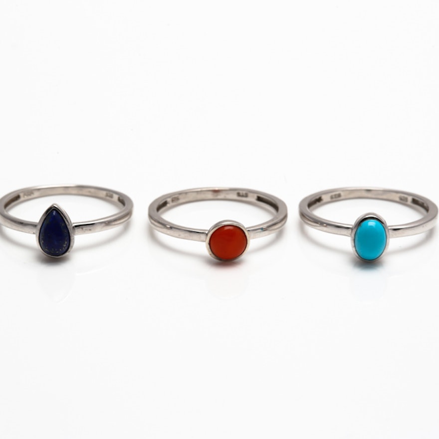 Sterling Silver Coral, Howlite, and Lapis Lazuli Rings
