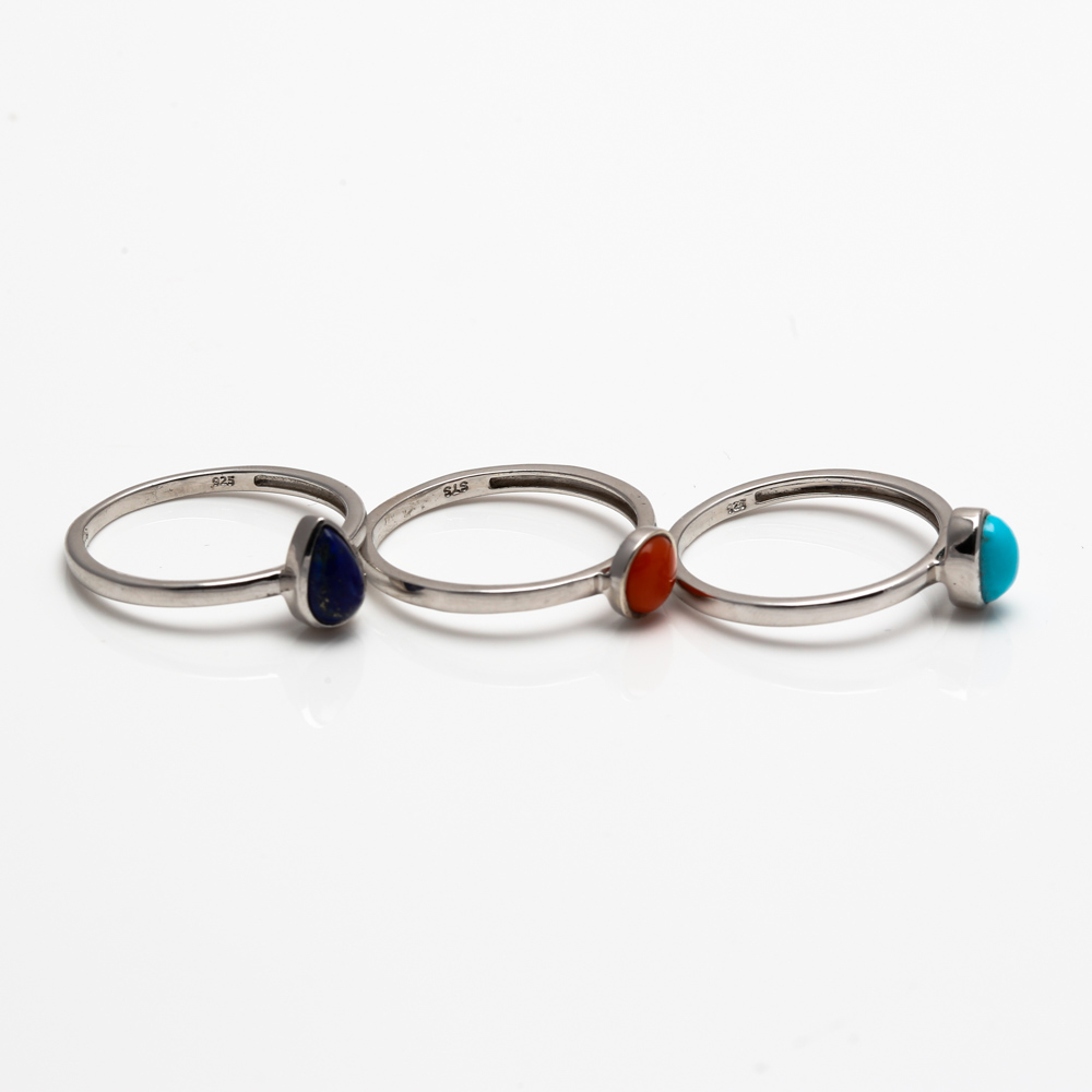 Sterling Silver Coral, Howlite, and Lapis Lazuli Rings