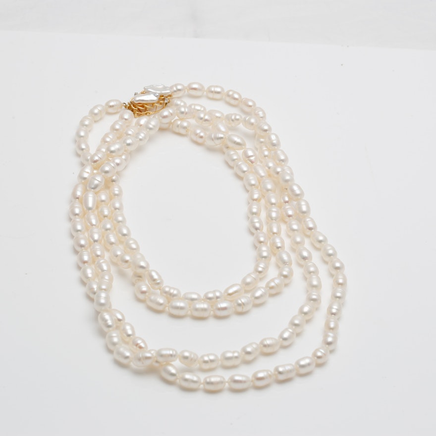 Freshwater Pearl and Diamond Necklace with 14K Yellow Gold Clasp