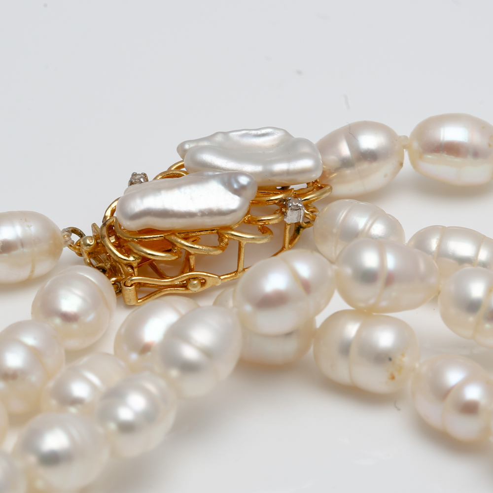 Freshwater Pearl and Diamond Necklace with 14K Yellow Gold Clasp