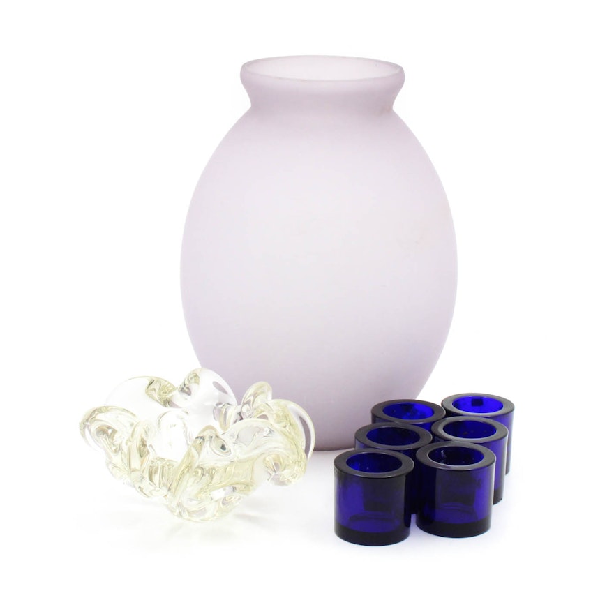 Hand Blown Glass Vase, Blue Glass Votives and Murano Style Scalloped Bowl