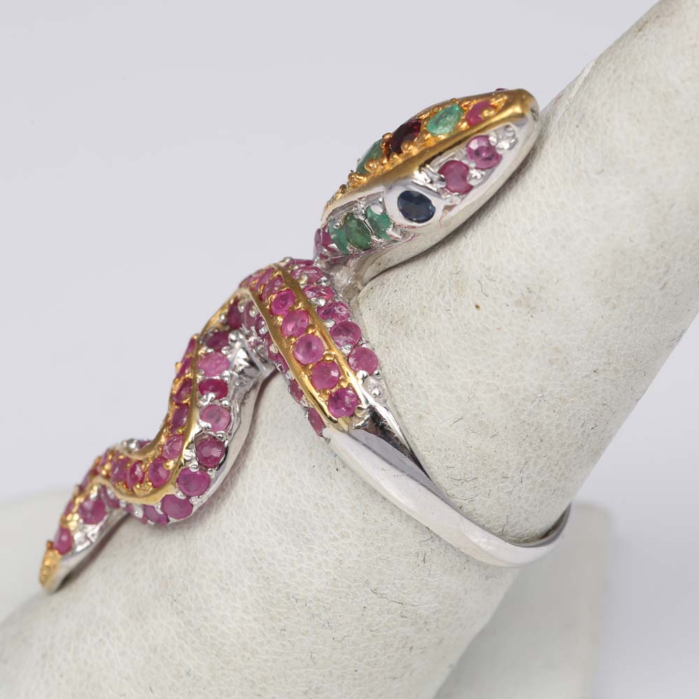 Sterling Silver, 3.56 CTW Ruby, and Multi-Gemstone Snake Ring