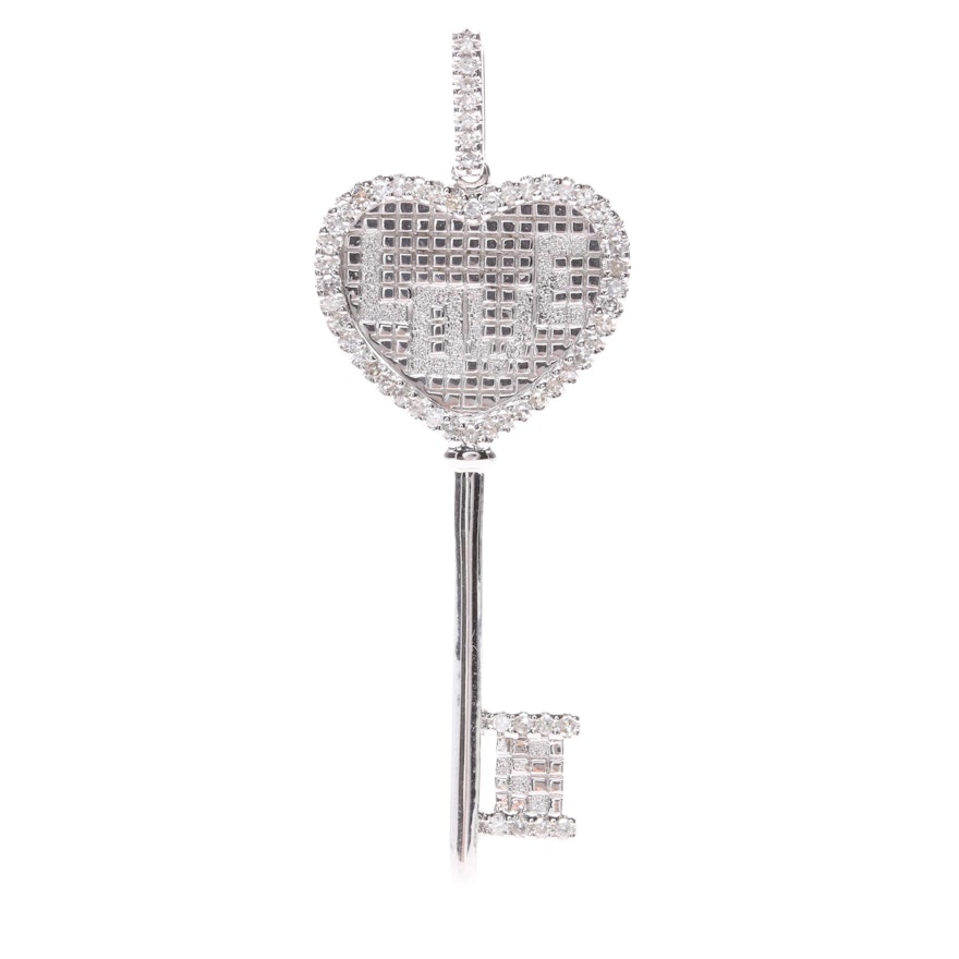 14K White Gold Diamond Heart Key Pendant