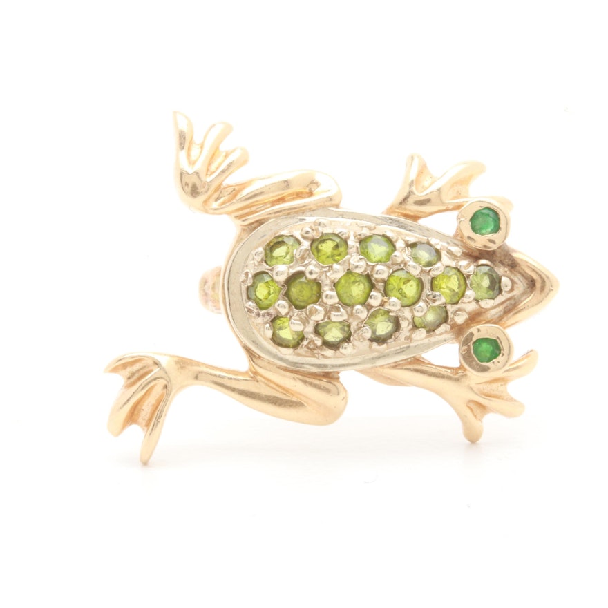 14K Yellow Gold Peridot and Emerald Frog Brooch