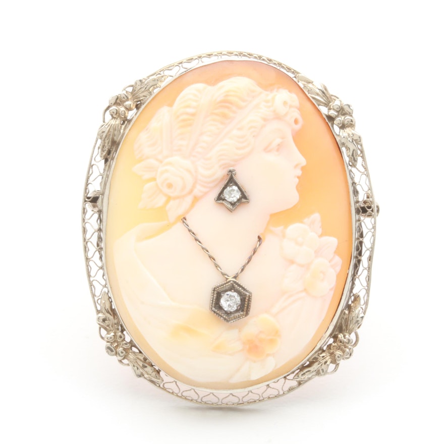 Circa 1930s 14K White Gold Shell and Diamond Habillé Cameo Brooch