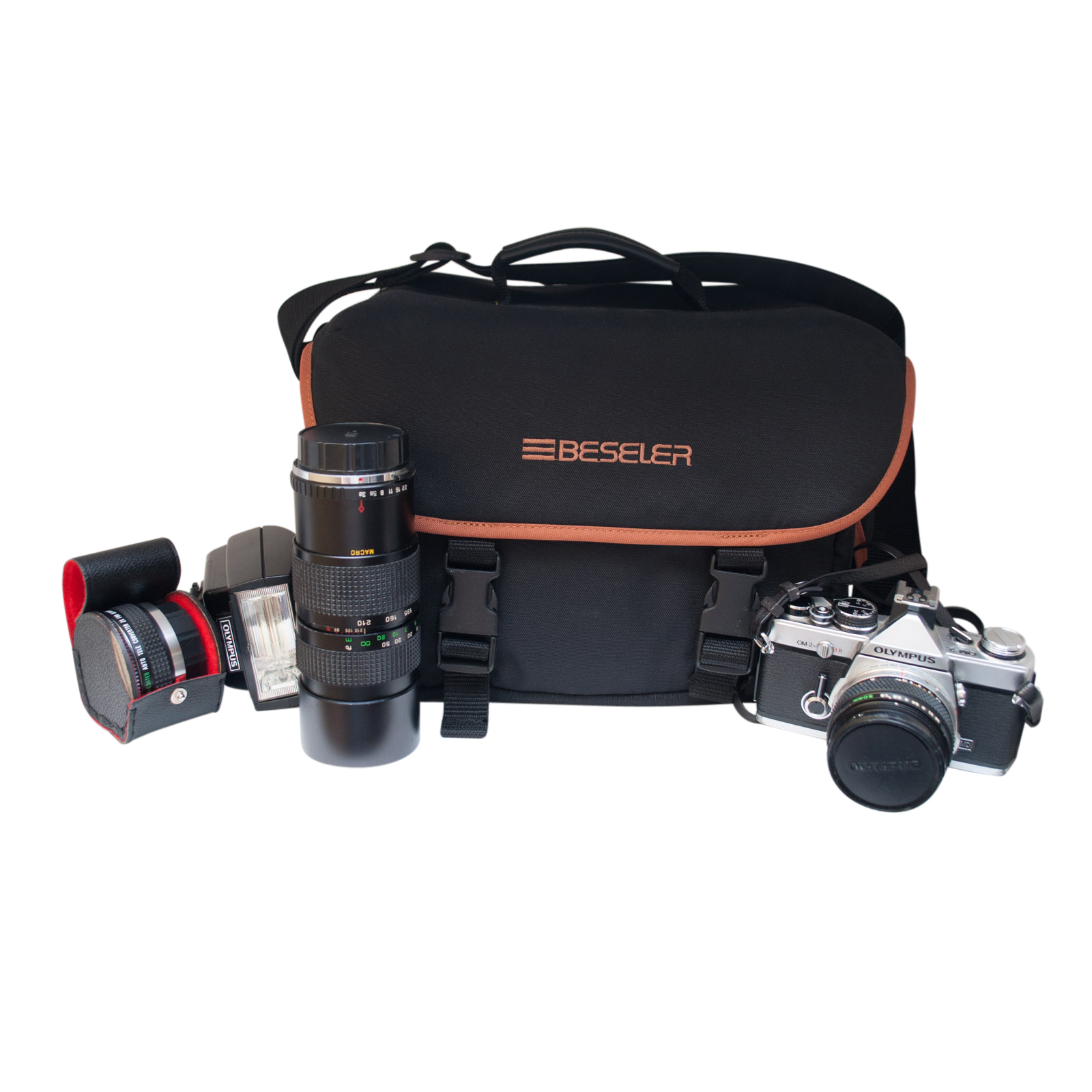 Olympus OM-2 Camera with Lenses and Beseler Bag