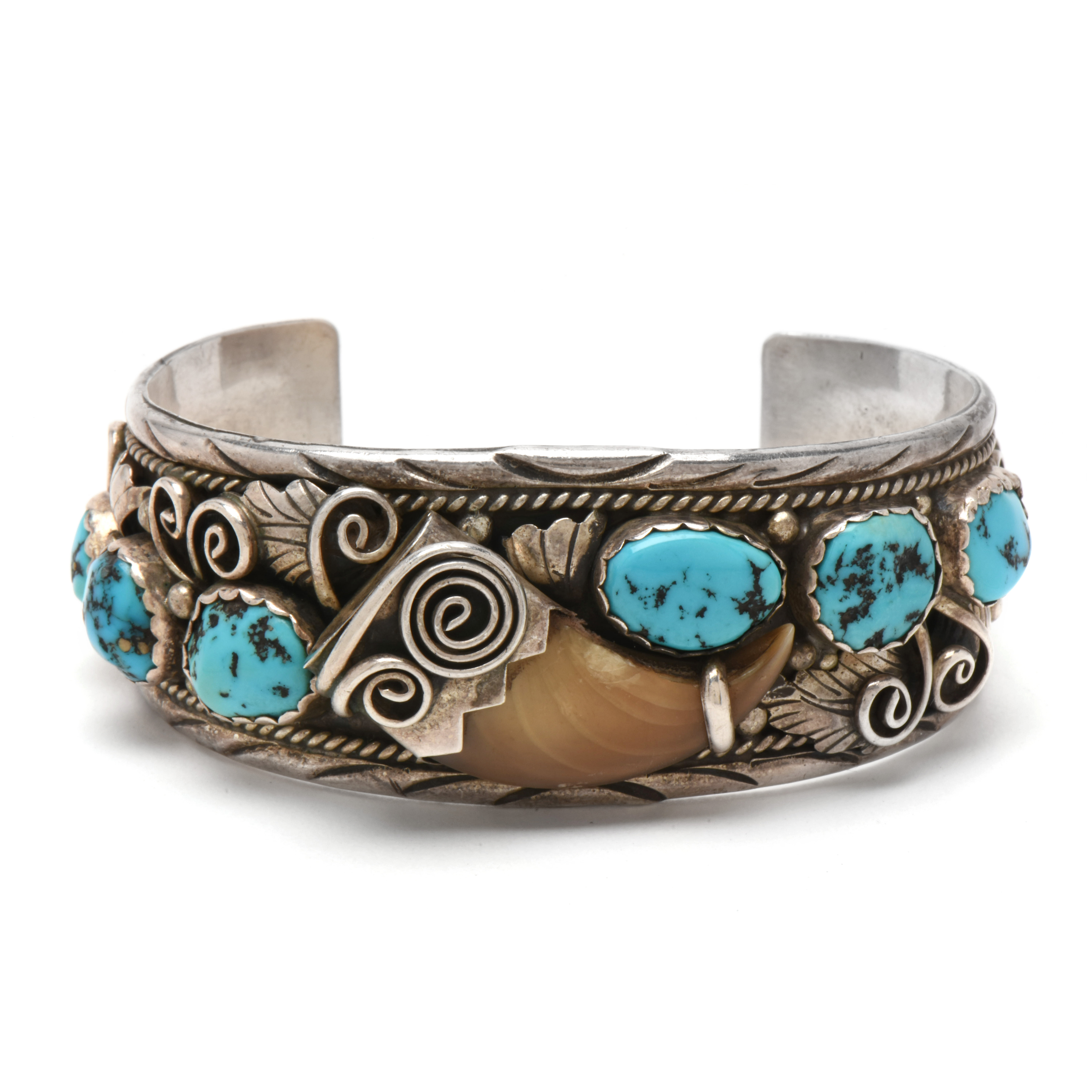 Navajo Diné M. Tsosie Sterling Silver Turquoise and Black Bear Claw Bracelet