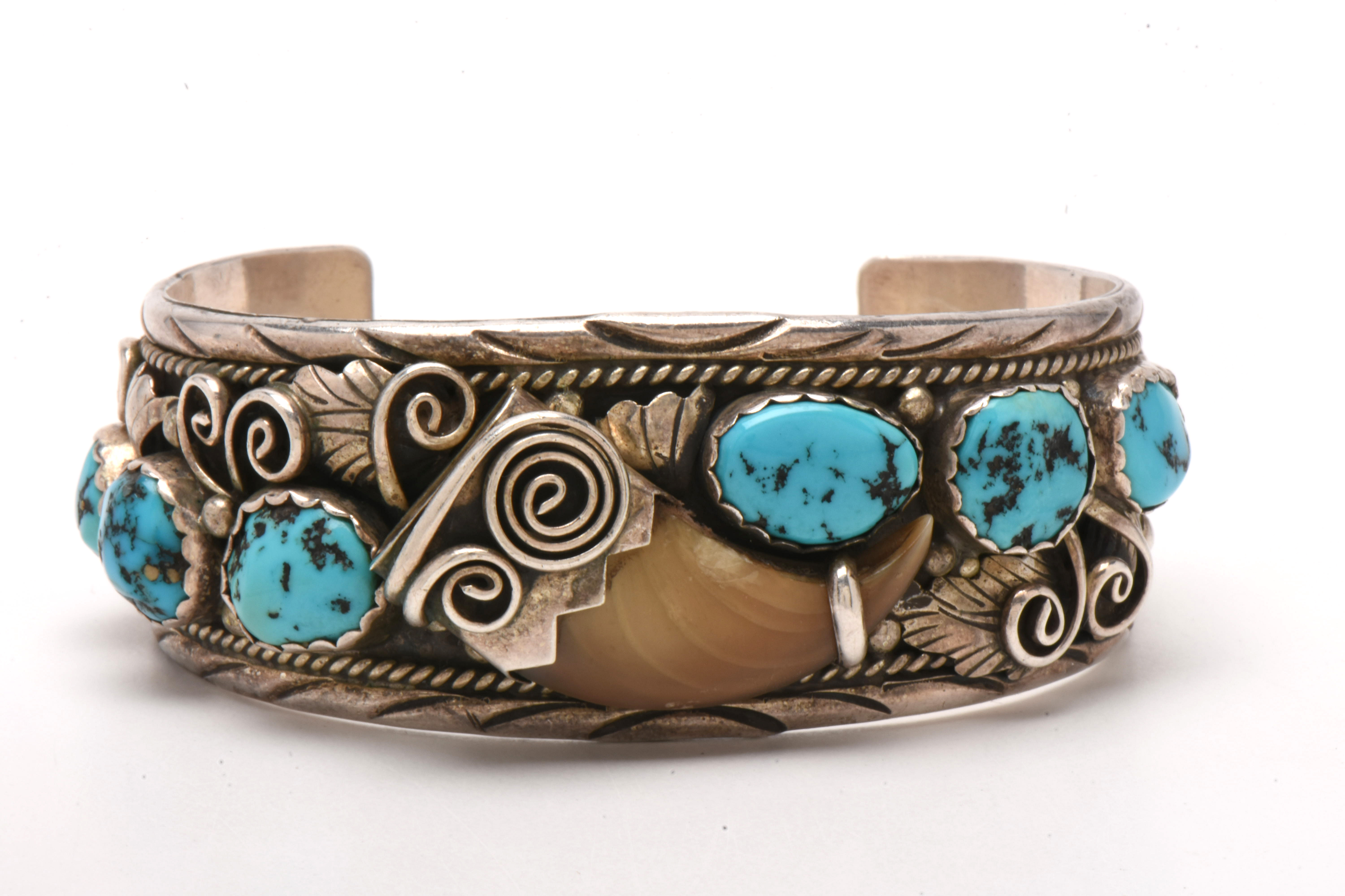 Navajo Diné M. Tsosie Sterling Silver Turquoise and Black Bear Claw Bracelet