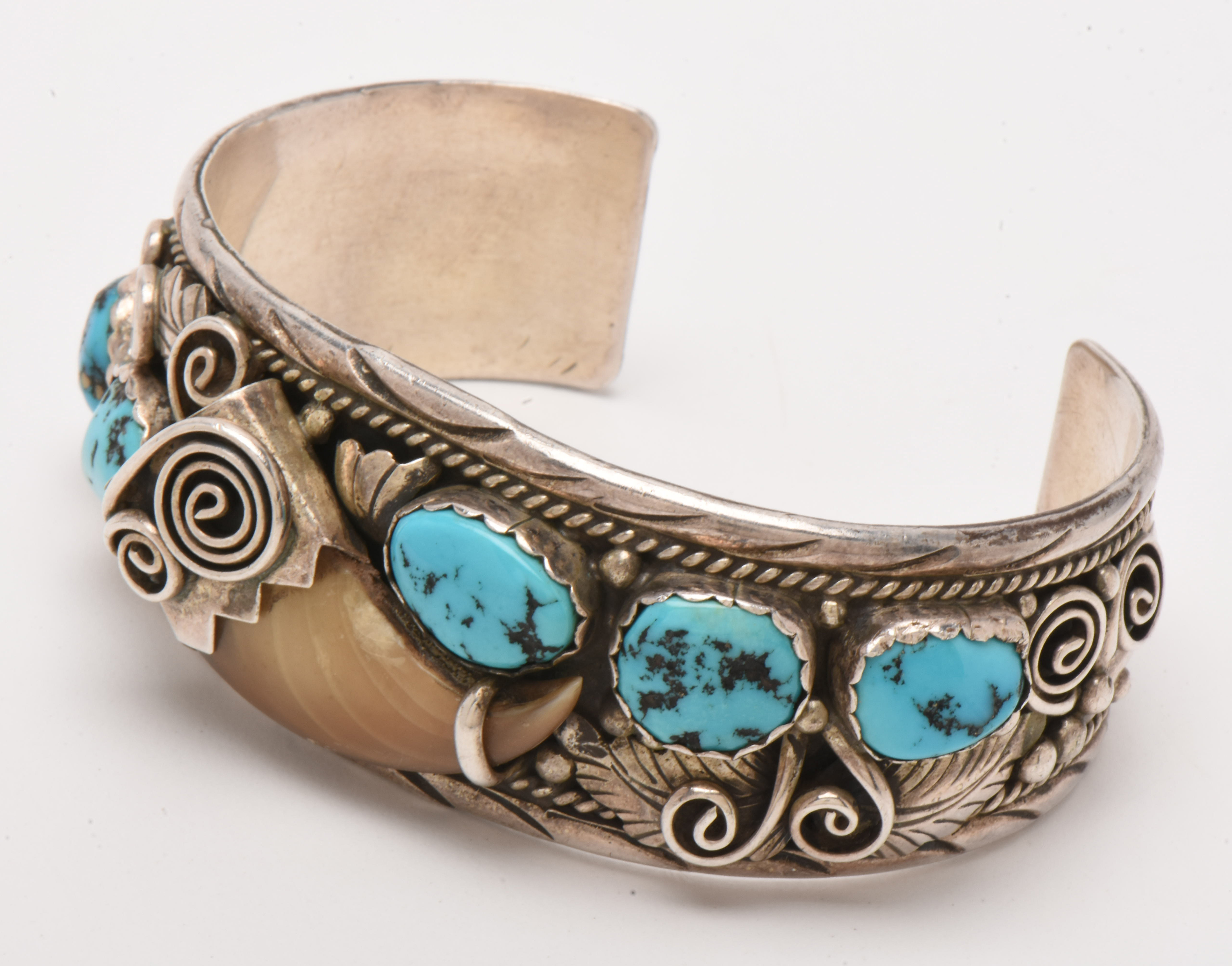 Navajo Diné M. Tsosie Sterling Silver Turquoise and Black Bear Claw Bracelet