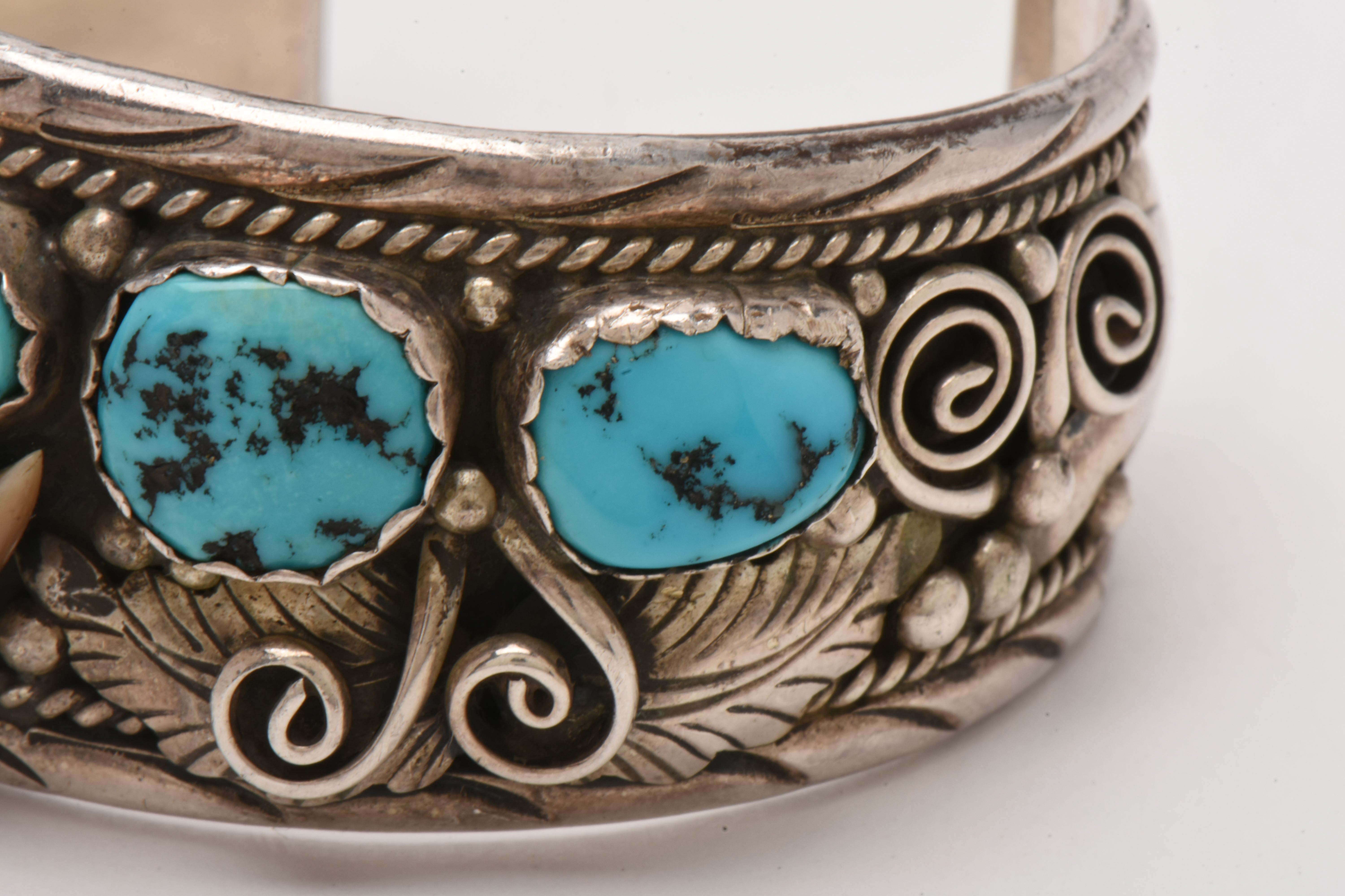 Navajo Diné M. Tsosie Sterling Silver Turquoise and Black Bear Claw Bracelet