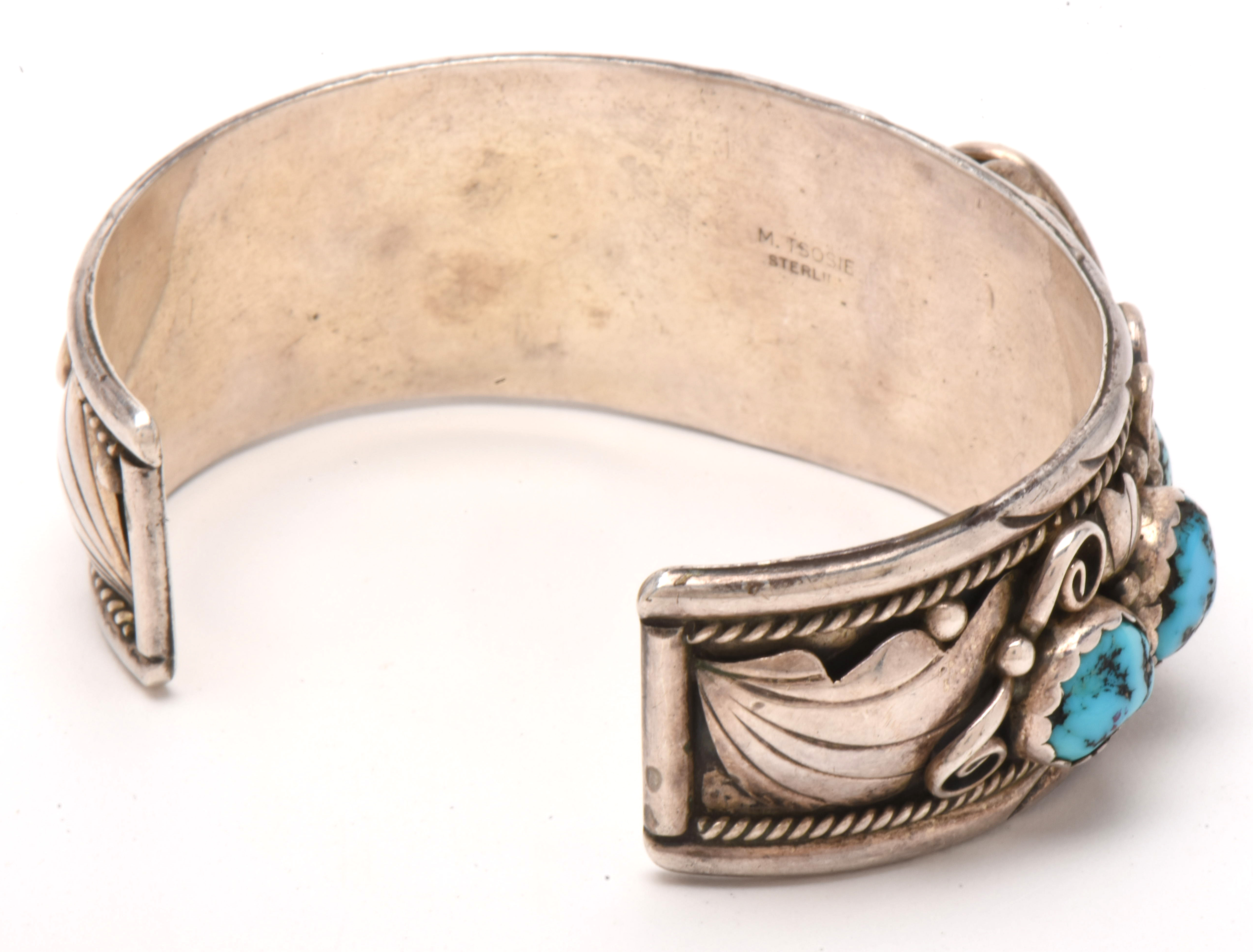 Navajo Diné M. Tsosie Sterling Silver Turquoise and Black Bear Claw Bracelet