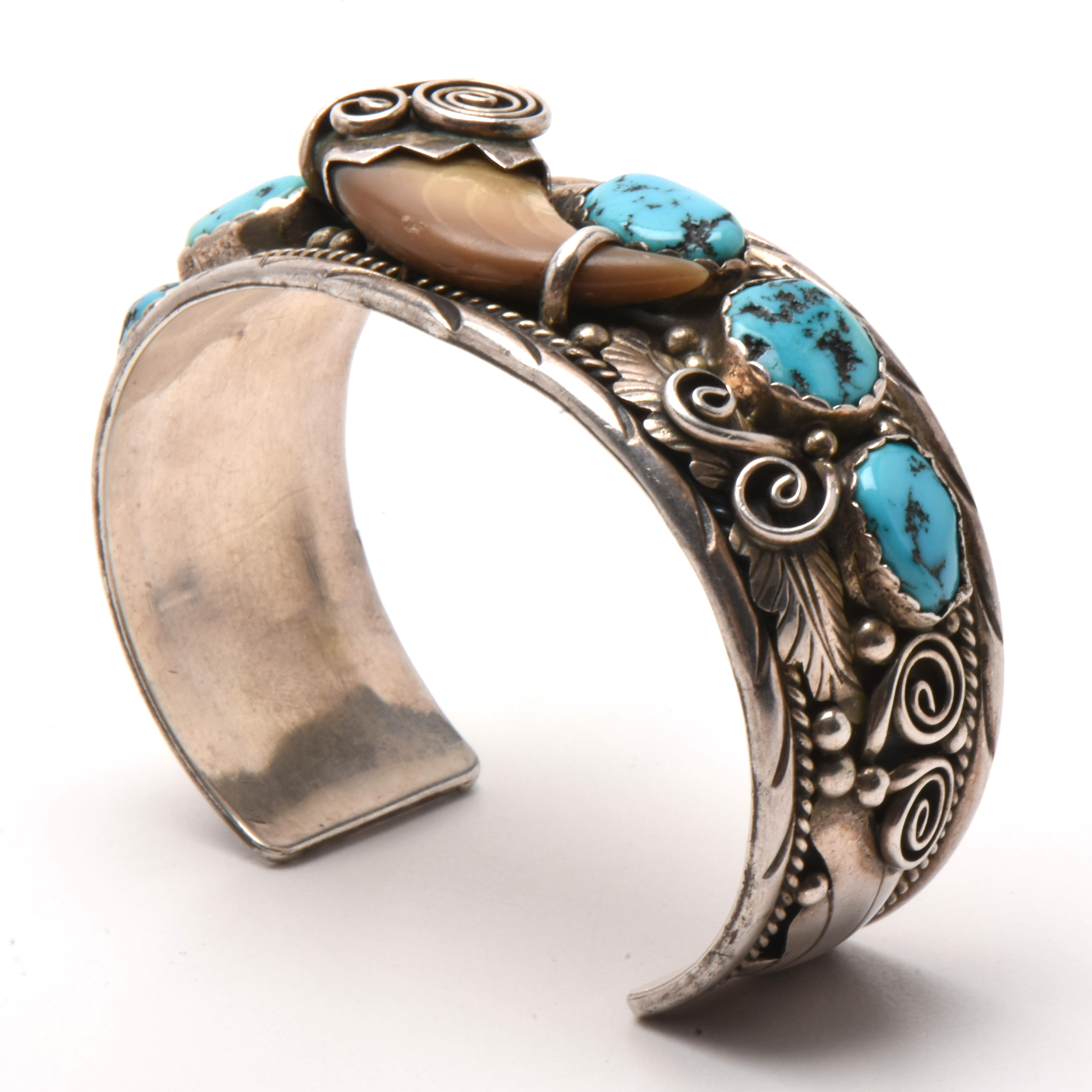 Navajo Diné M. Tsosie Sterling Silver Turquoise and Black Bear Claw Bracelet