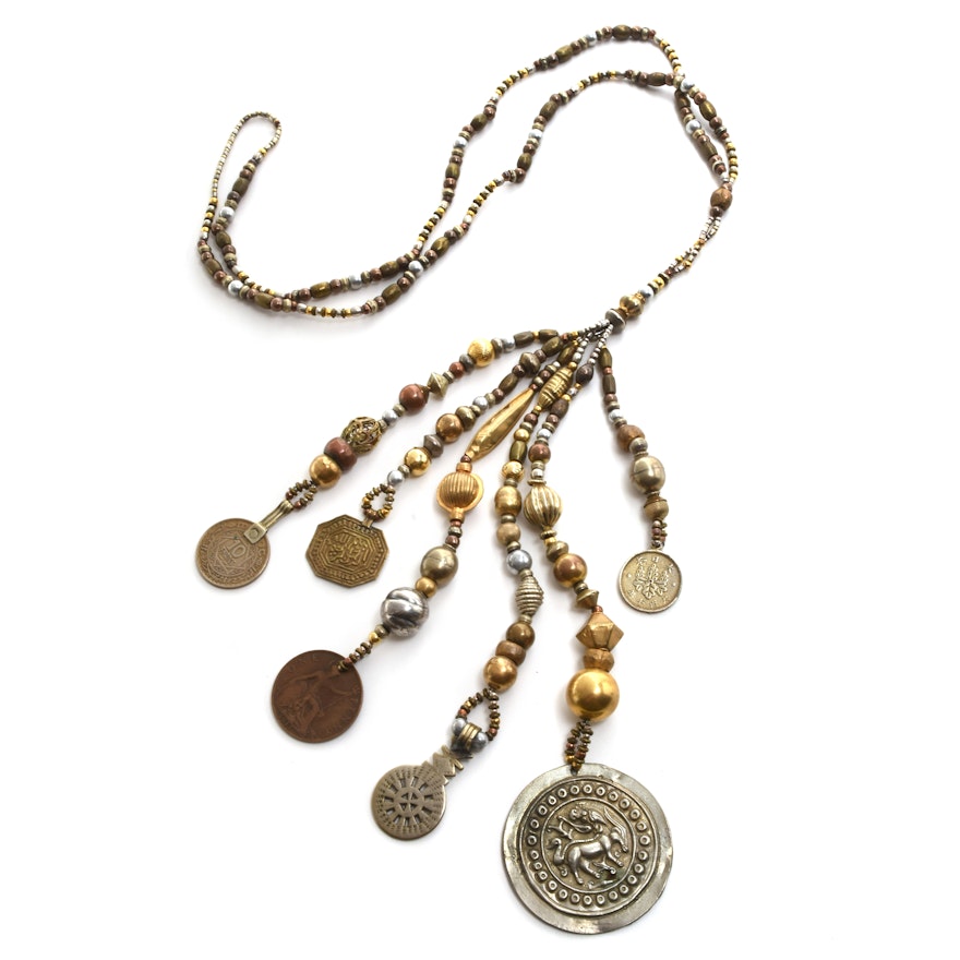 Mixed Metal Necklace with Foreign Coins and Tokens