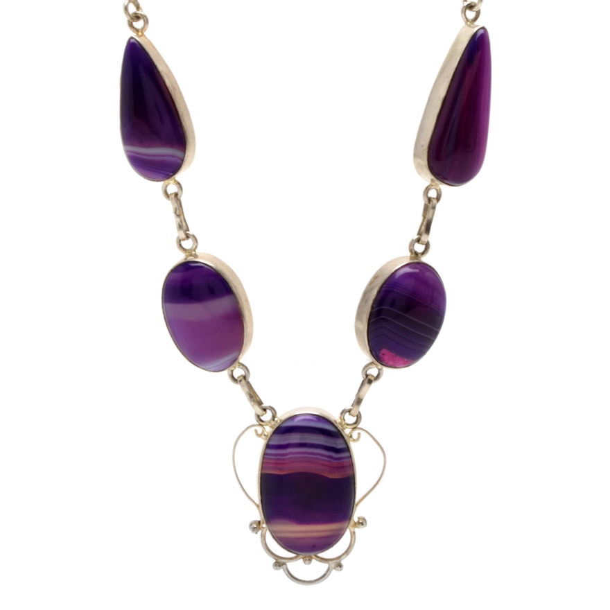 Sterling Silver Purpled Dyed Agate Cabochon Necklace