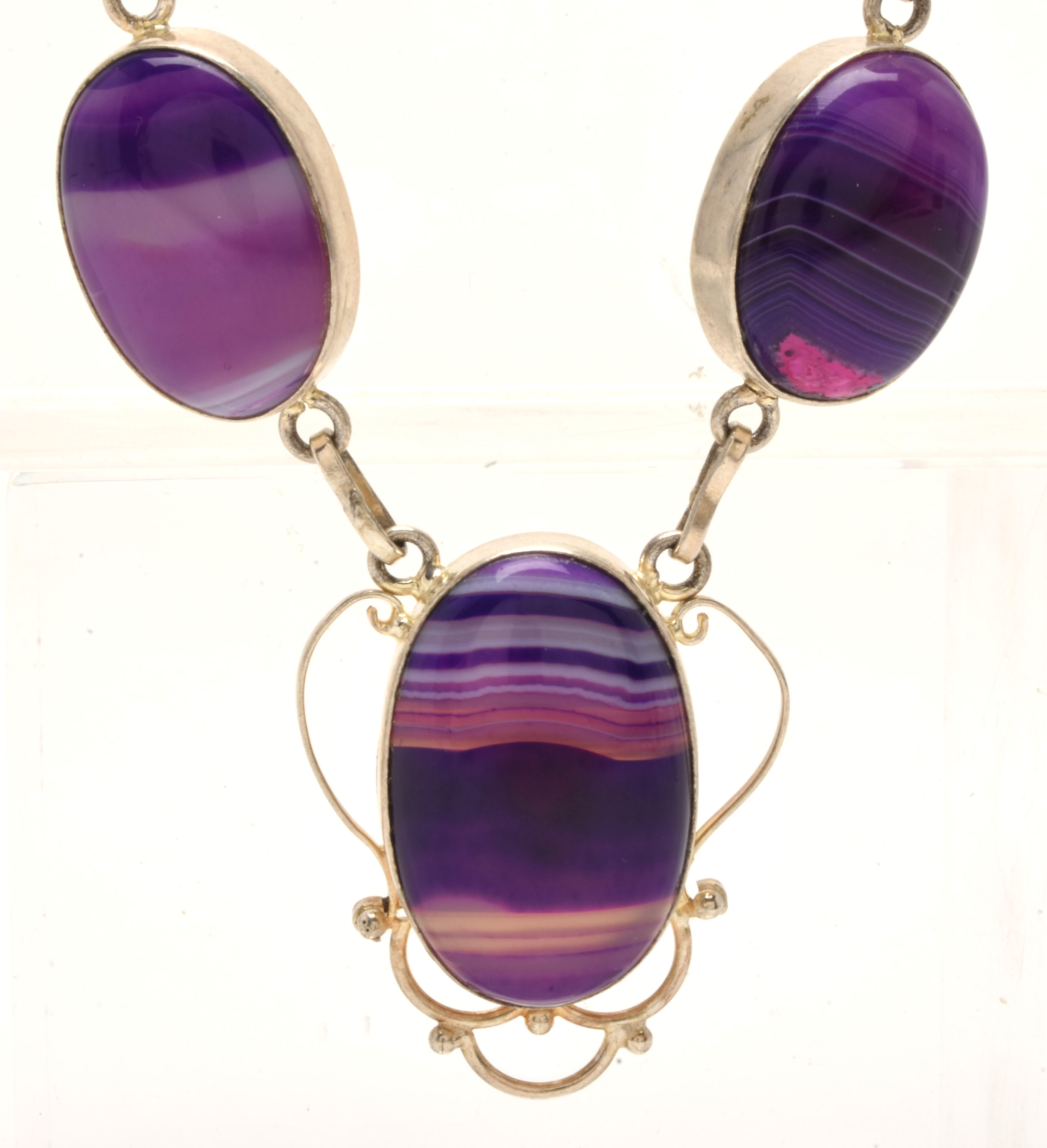 Sterling Silver Purpled Dyed Agate Cabochon Necklace