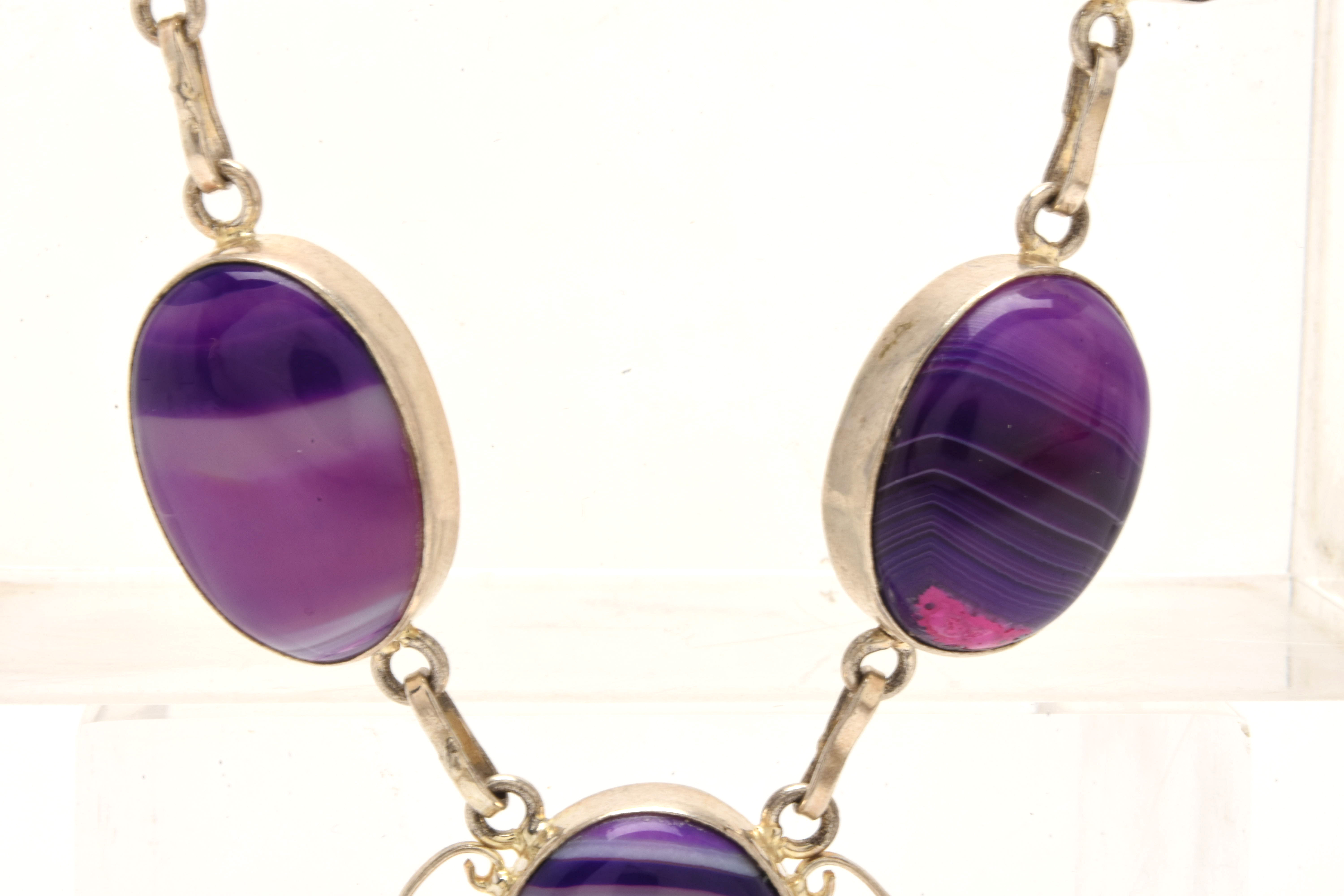 Sterling Silver Purpled Dyed Agate Cabochon Necklace