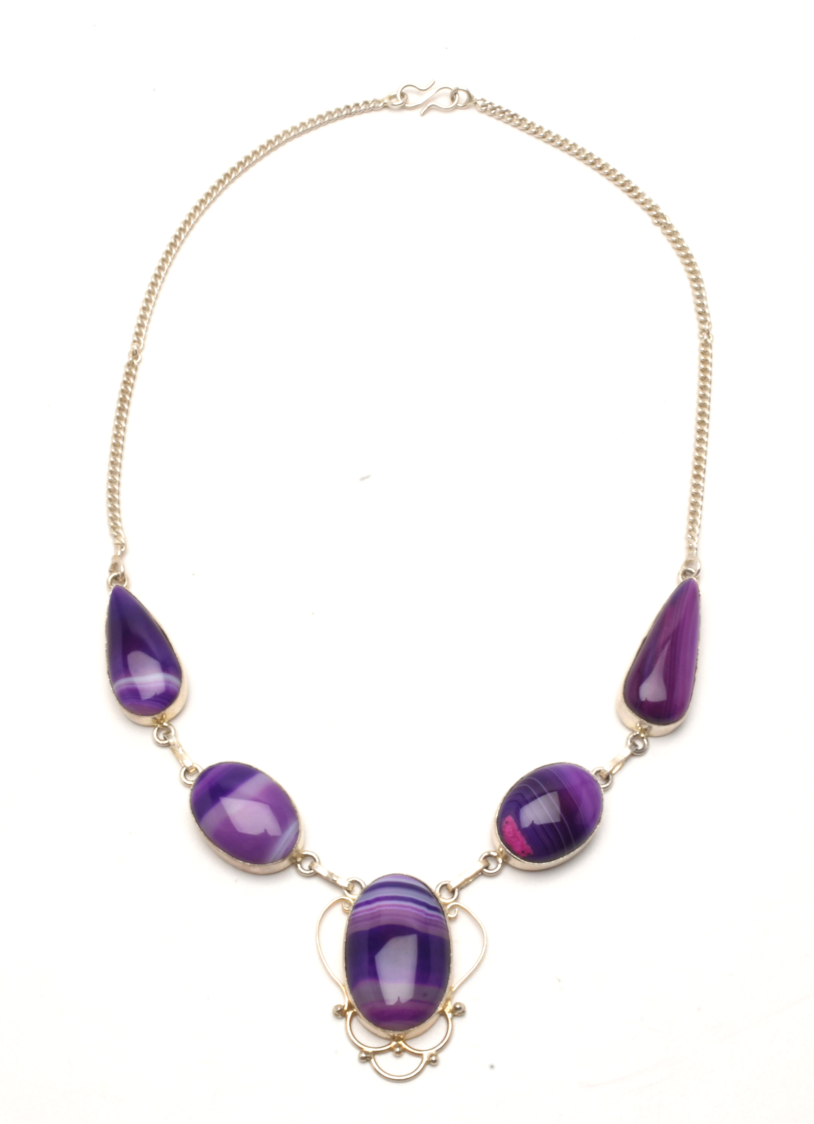 Sterling Silver Purpled Dyed Agate Cabochon Necklace