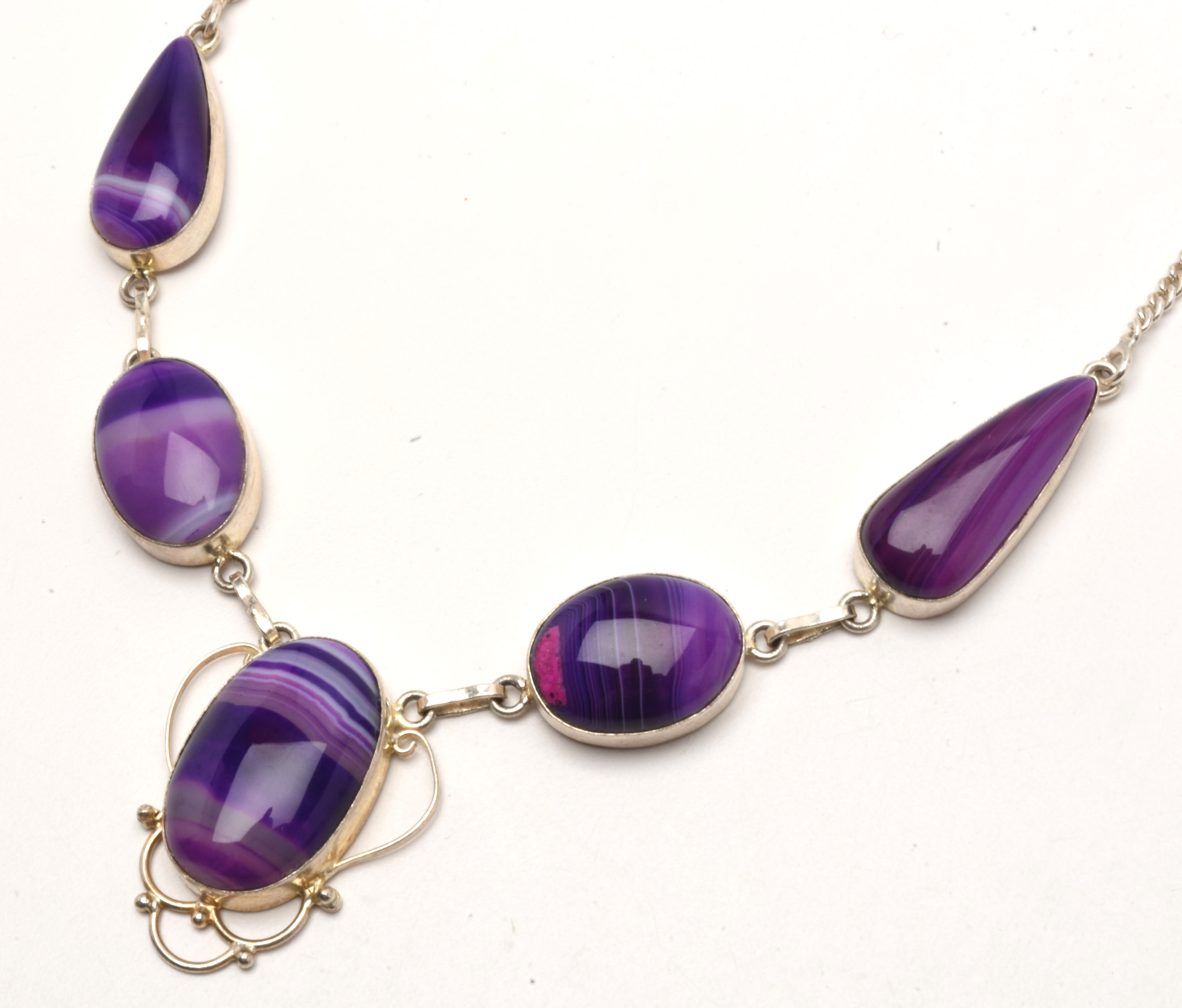 Sterling Silver Purpled Dyed Agate Cabochon Necklace