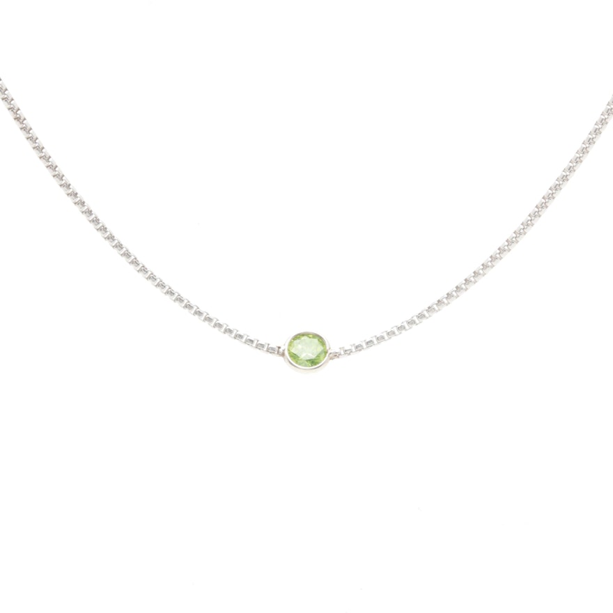 Sterling Silver Green Diamond Bezel Set Solitaire Pendant Necklace