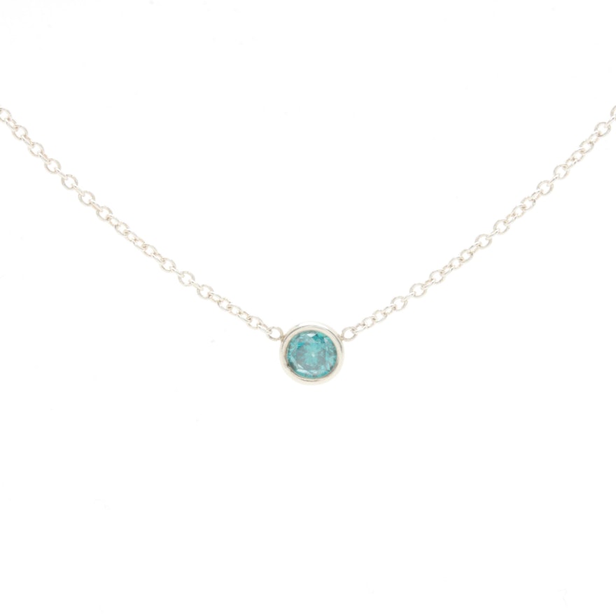 Sterling Silver Blue Diamond Bezel Set Solitaire Pendant Necklace