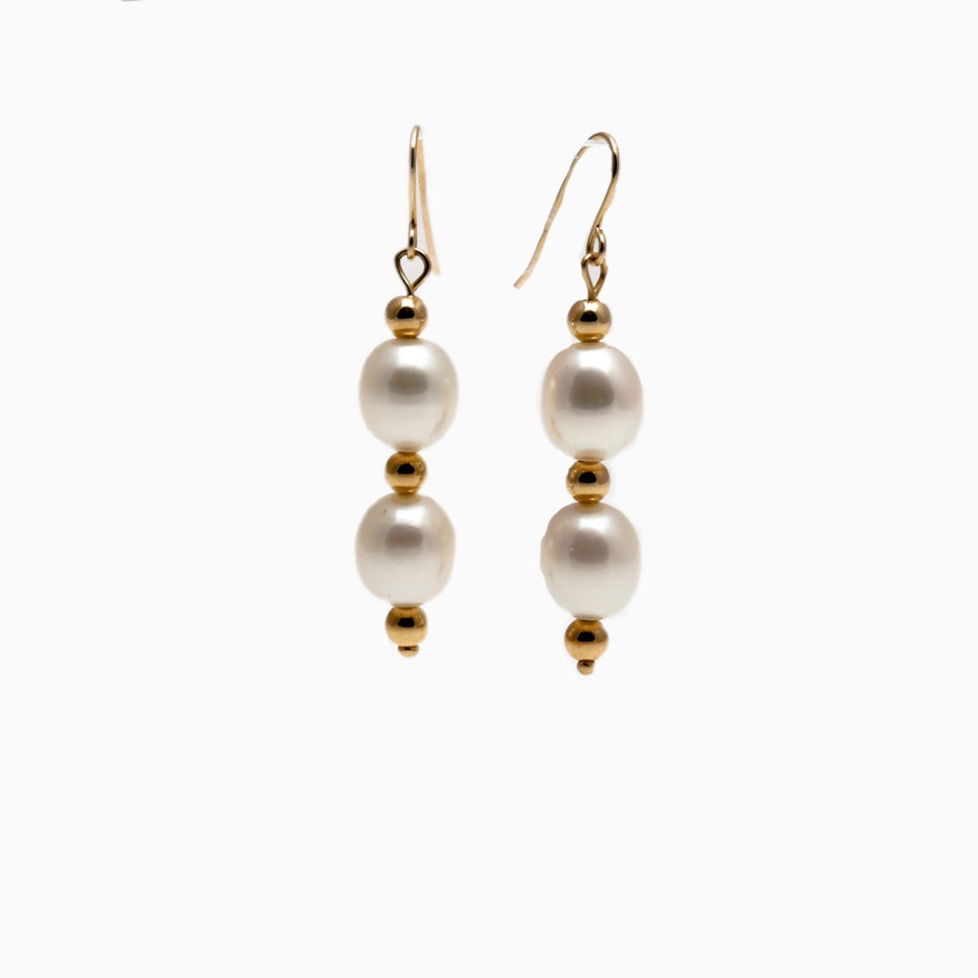 14K Yellow Gold Imitation Pearl Earrings