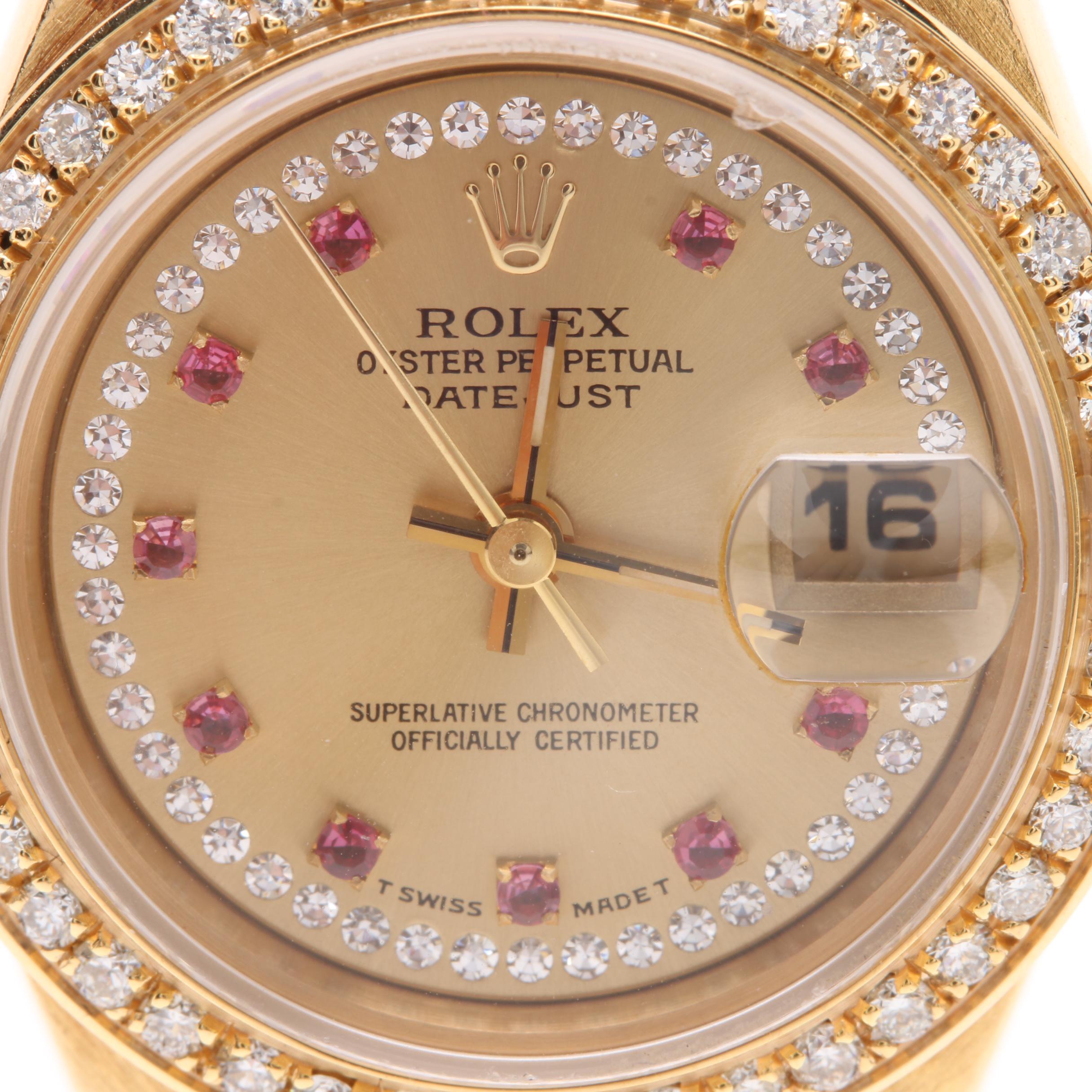 Rolex "Oyster Perpetual Datejust" 18K Yellow Gold Diamond and Ruby Watch