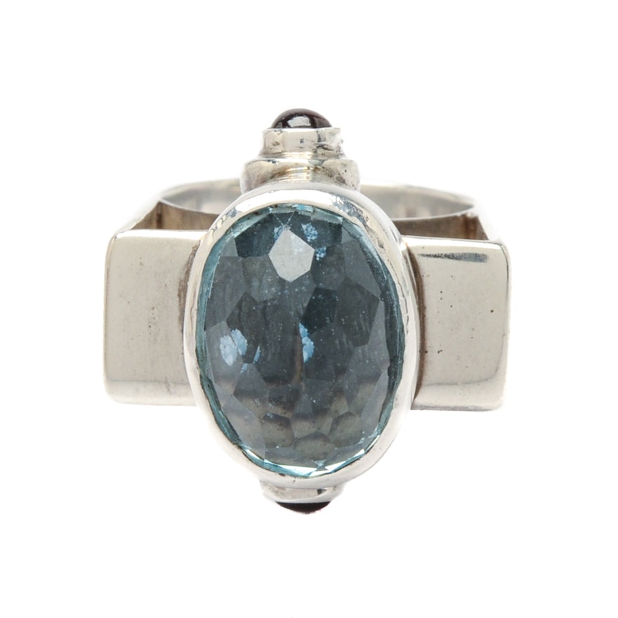 Sterling Silver Blue Topaz Ring with Rhodolite Garnet Accents