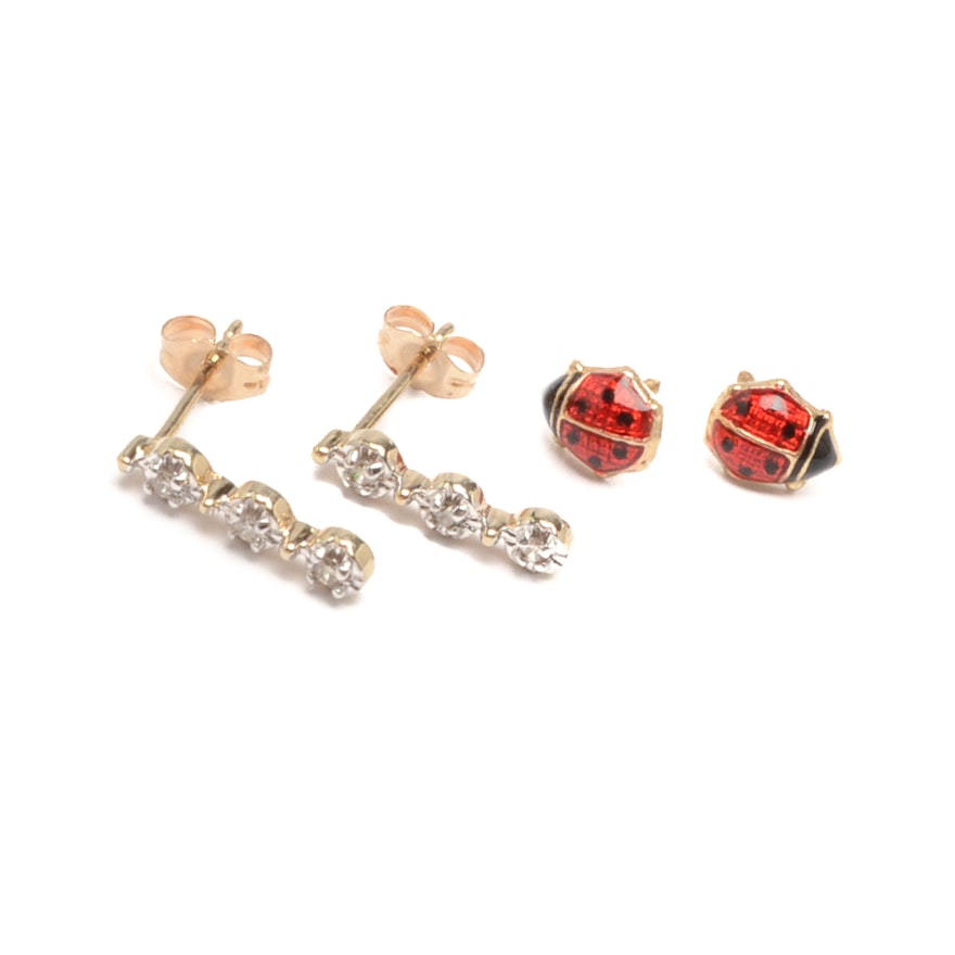 14K Yellow Gold Enamel Lady Bug Earrings with 10K Yellow Gold Diamond Earrings