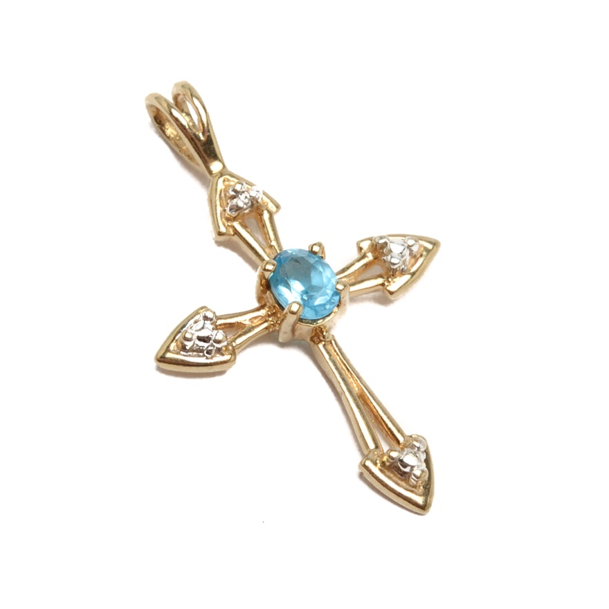 10K Yellow Gold Topaz and Diamond Cross Pendant