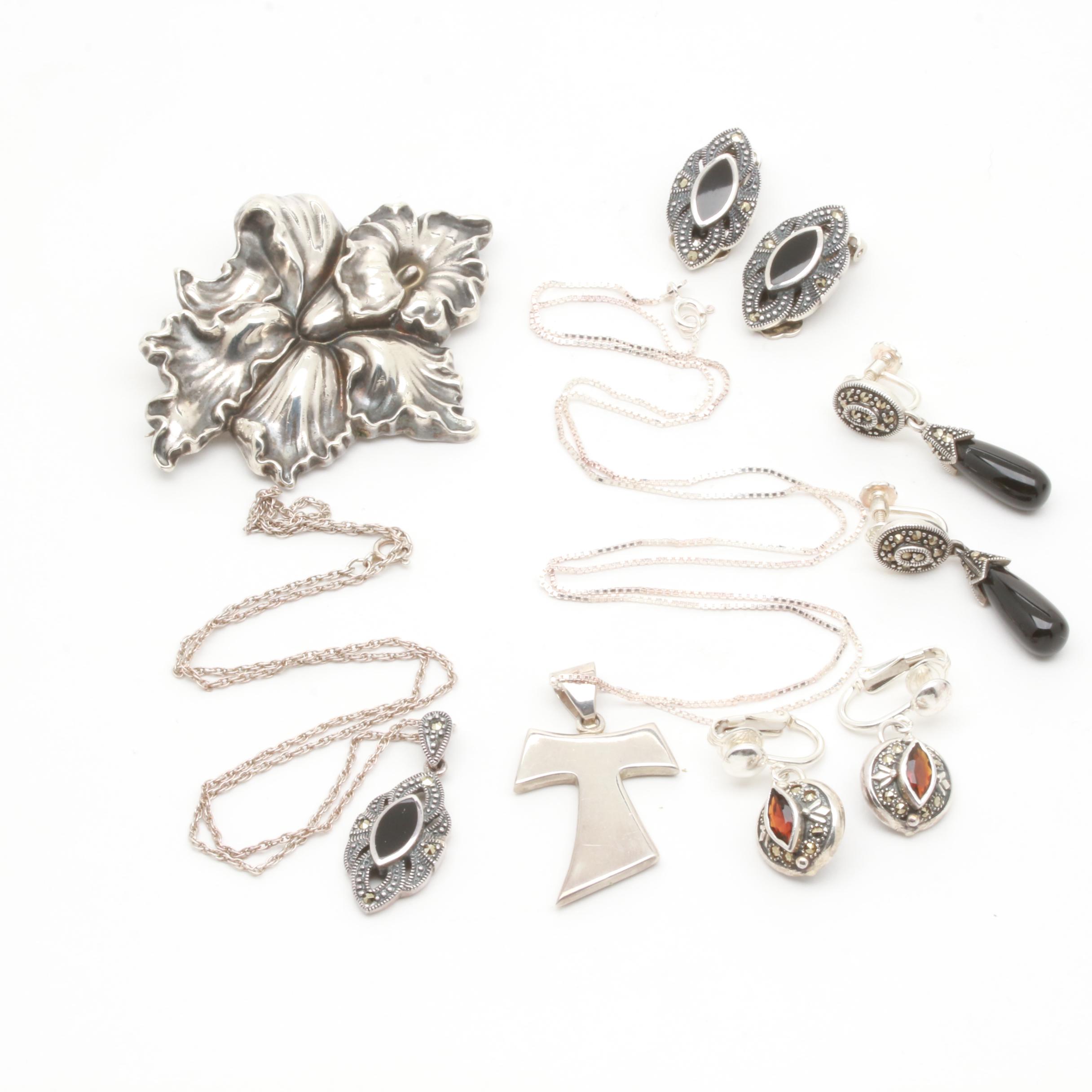 Sterling Silver Jewelry Selection with Garnet, Onyx, and Marcasite