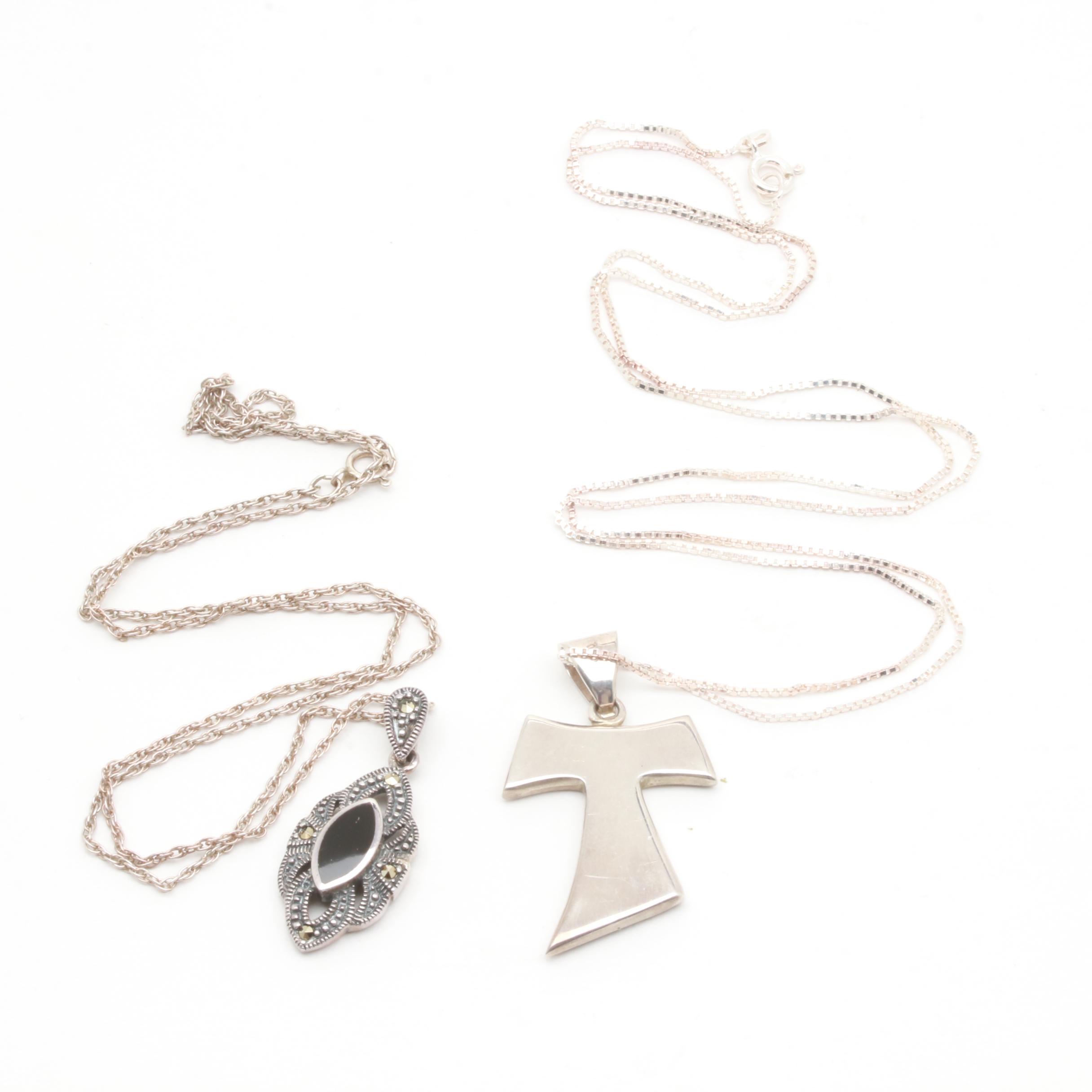 Sterling Silver Jewelry Selection with Garnet, Onyx, and Marcasite