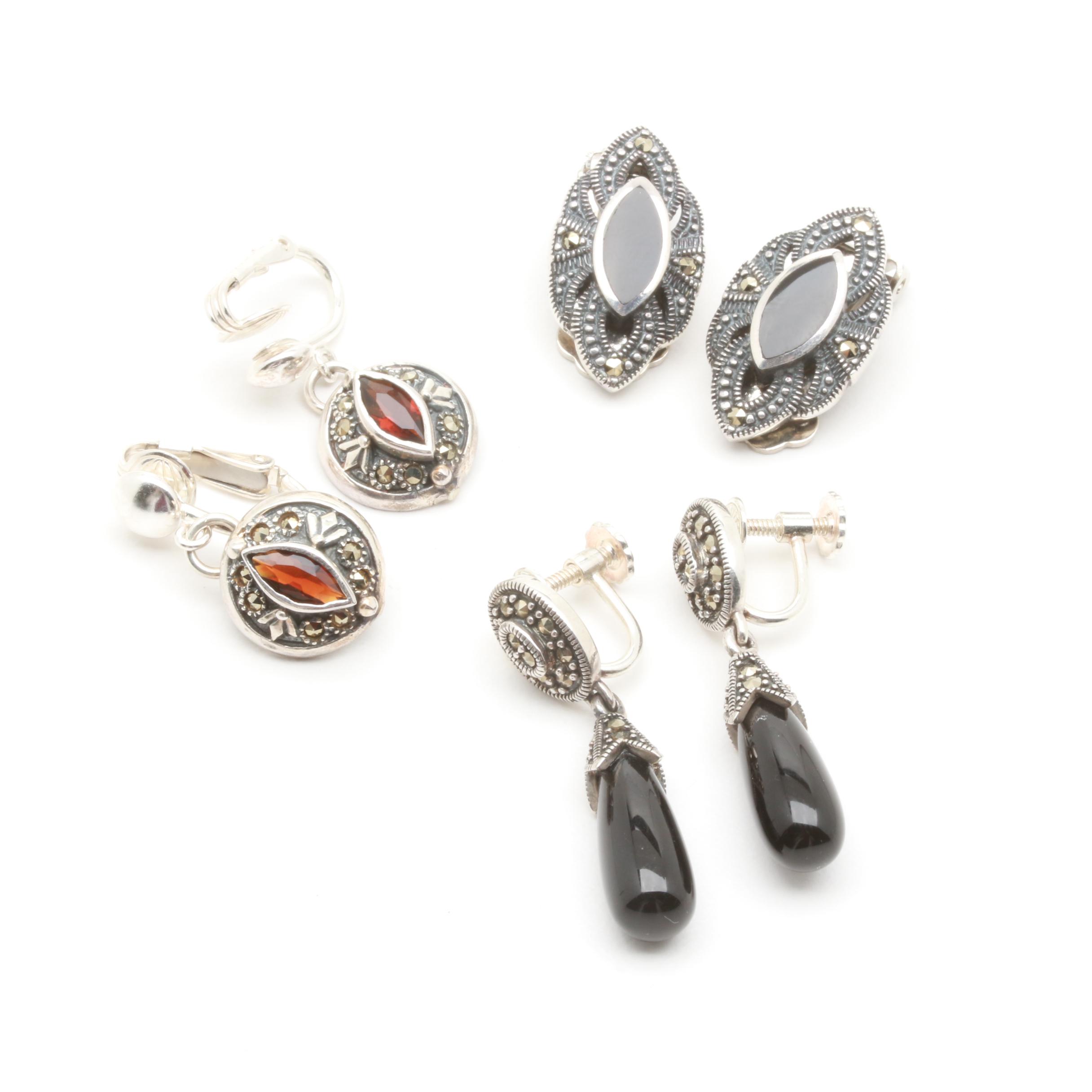 Sterling Silver Jewelry Selection with Garnet, Onyx, and Marcasite