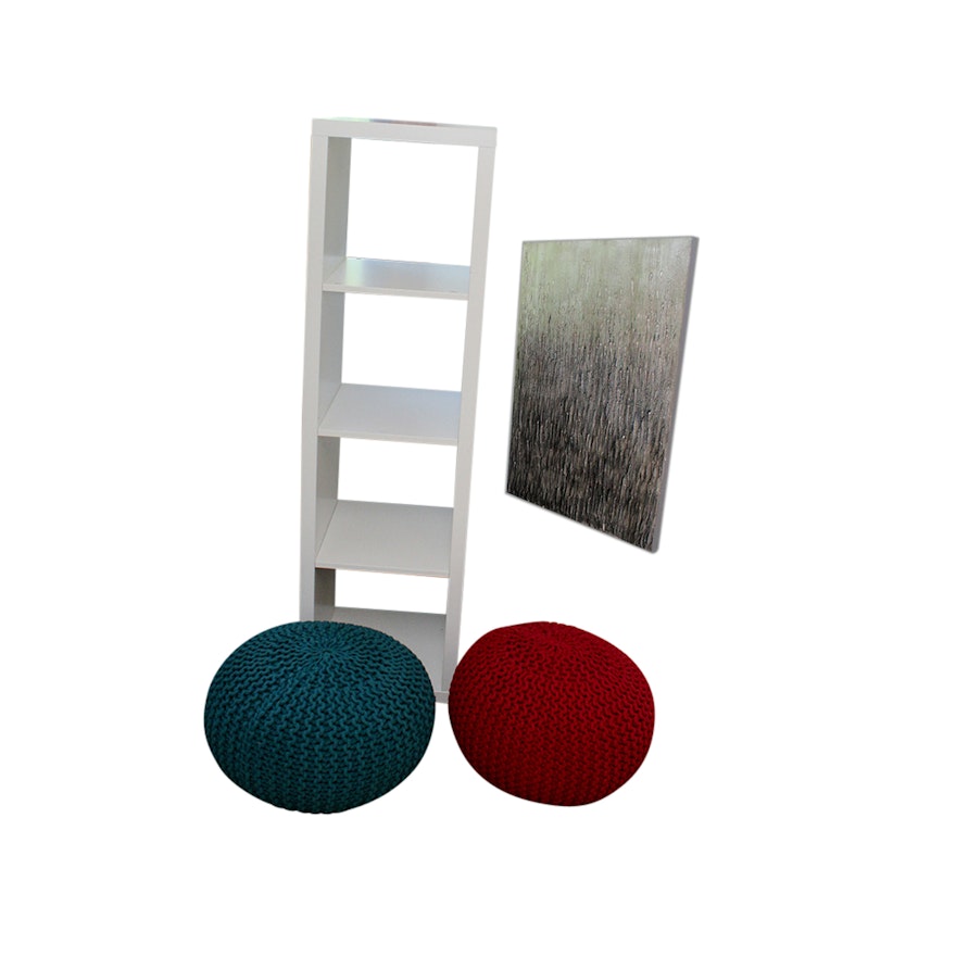 Modern Canvas Print, Bookcase and Woven Poufs