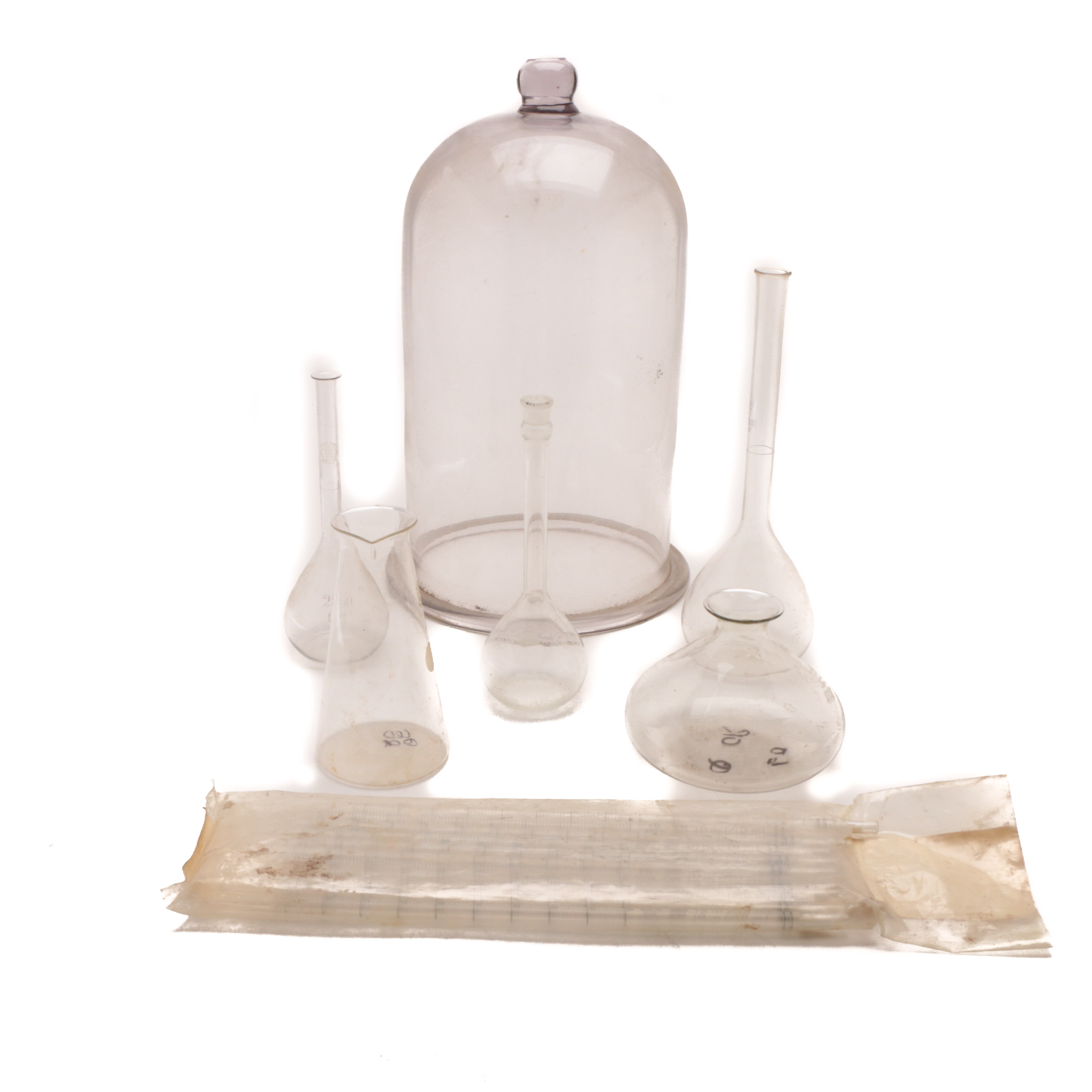 Vintage Glass Bell Jar with Beakers, Flasks and Pipettes