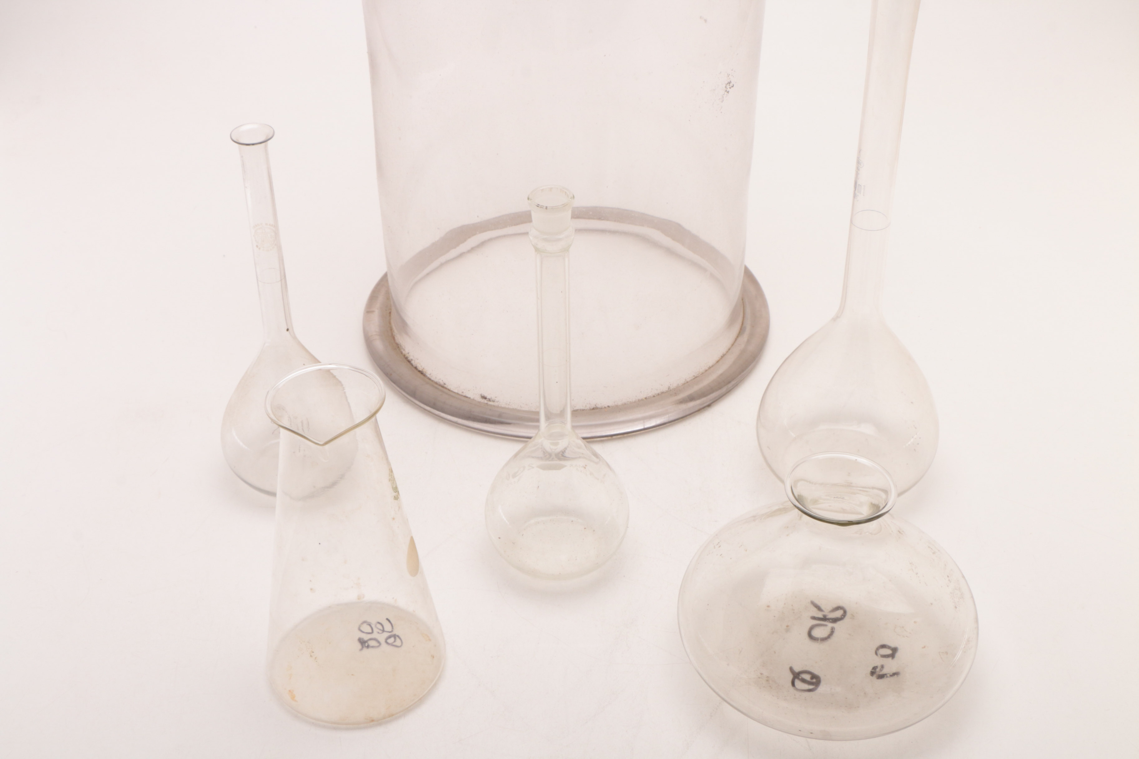 Vintage Glass Bell Jar with Beakers, Flasks and Pipettes