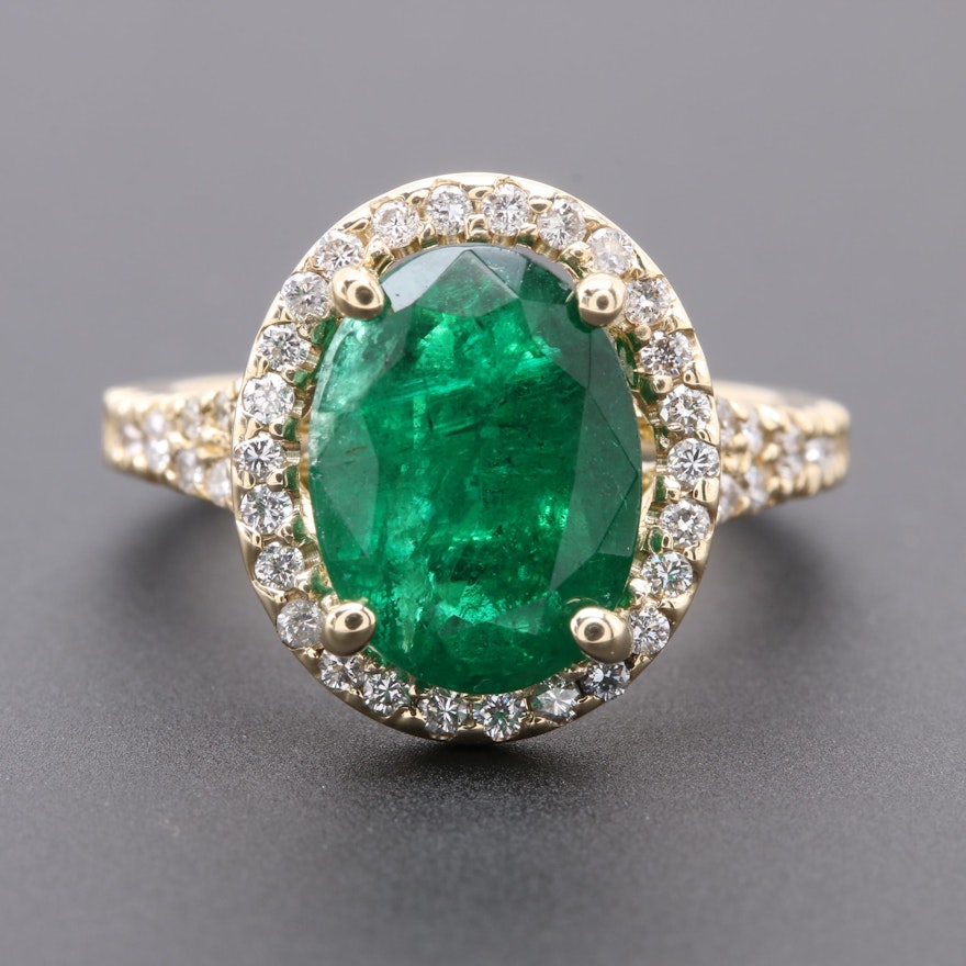 14K Yellow Gold 2.37 CT Emerald and Diamond Ring