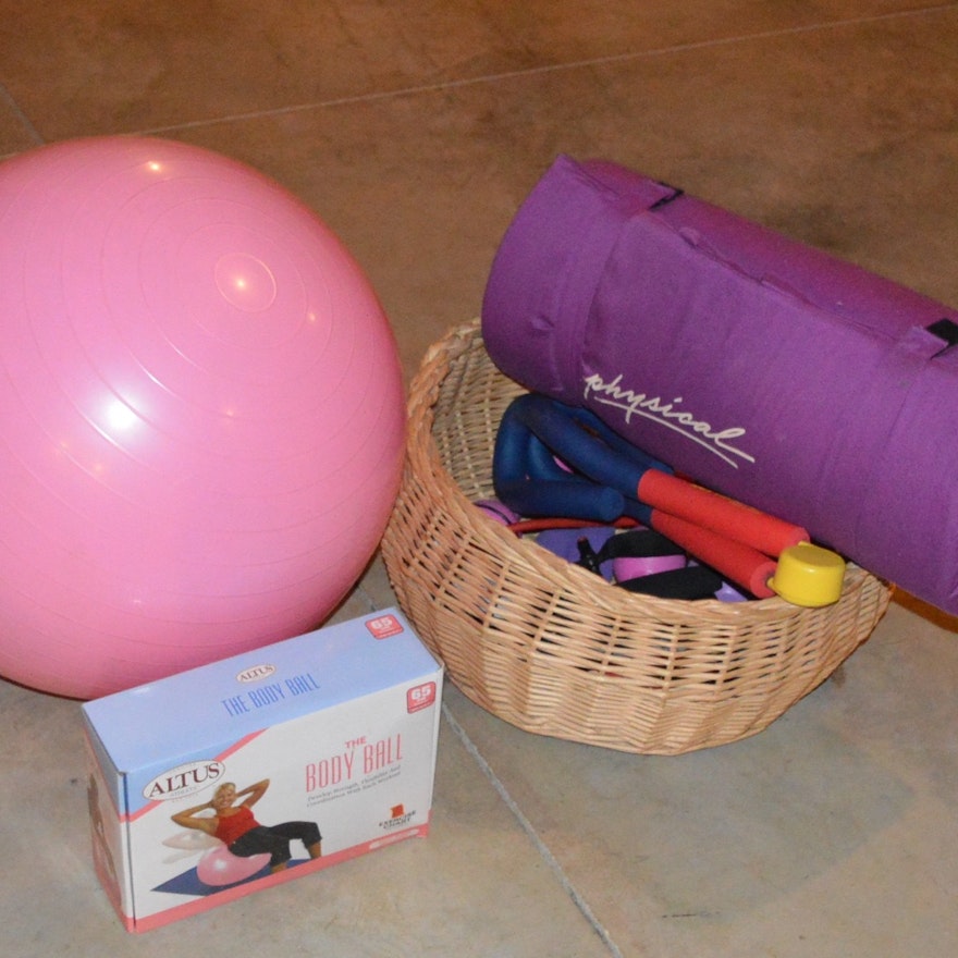 Basket of Hand Held Exercise Equipment and Stability Ball