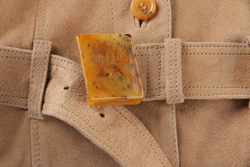 Women's Prada Belted Khaki Suede Leather Jacket