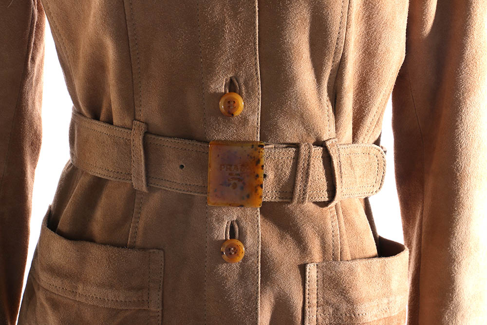 Women's Prada Belted Khaki Suede Leather Jacket