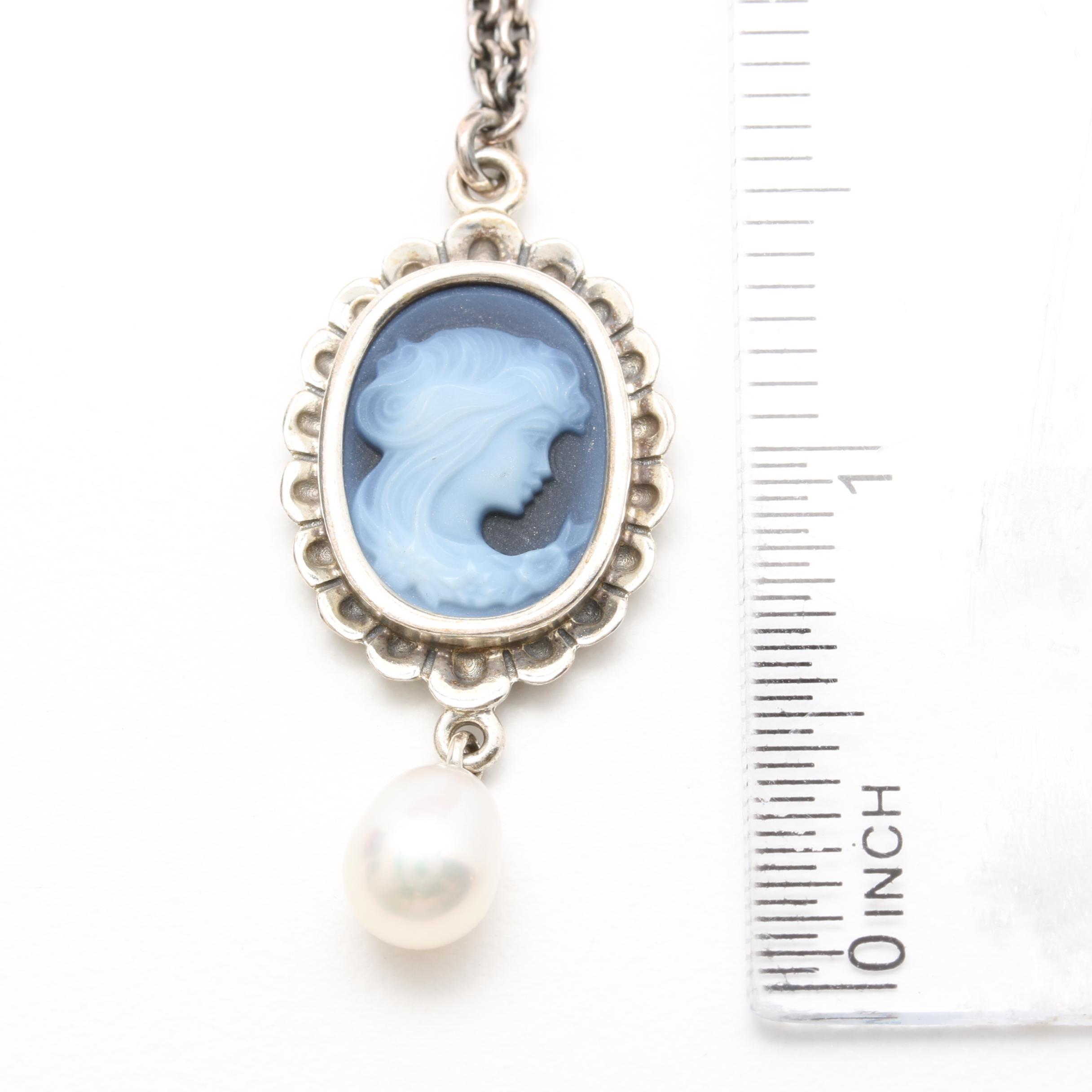 Pandora Sterling Silver Onyx Cameo and Cultured Pearl Necklace