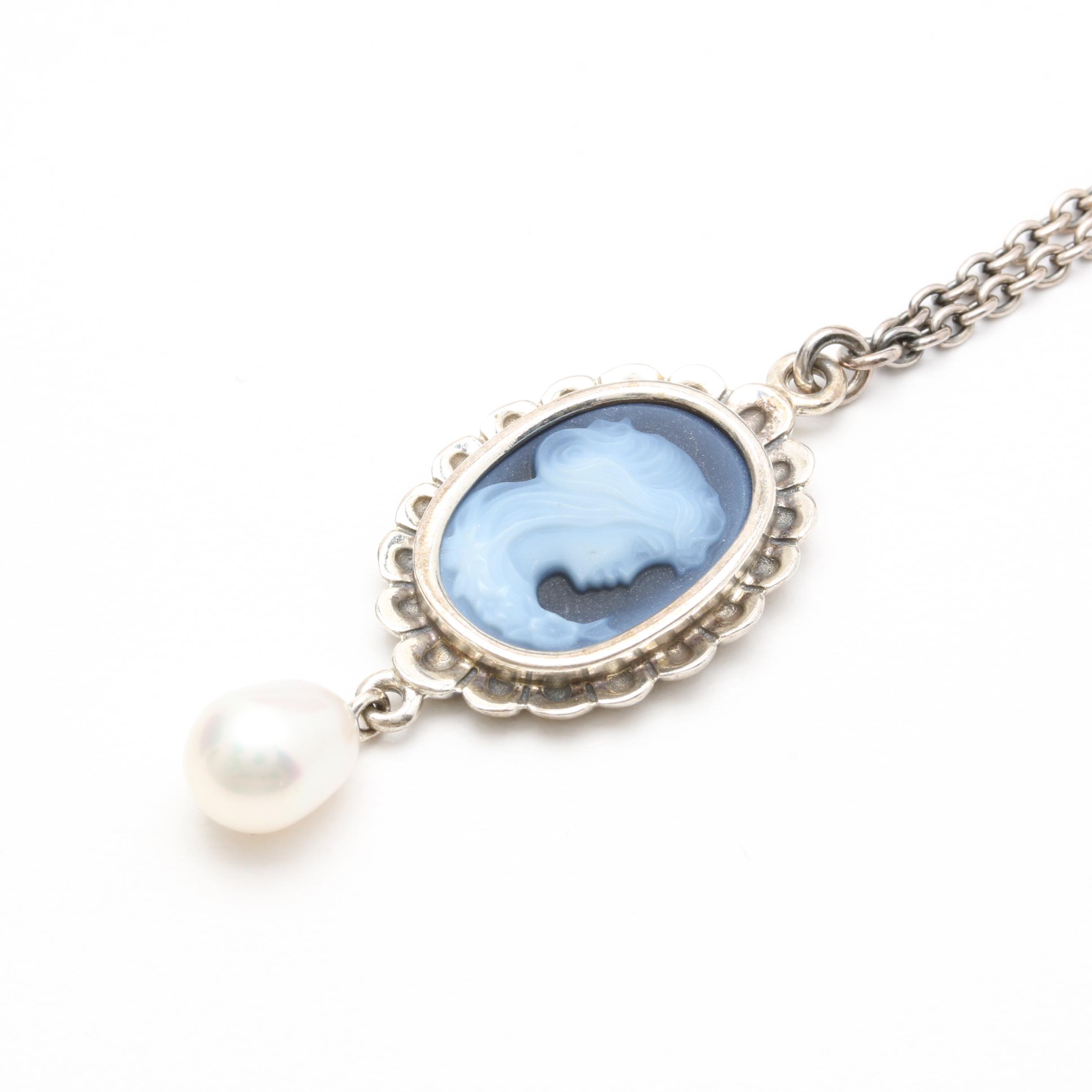 Pandora Sterling Silver Onyx Cameo and Cultured Pearl Necklace